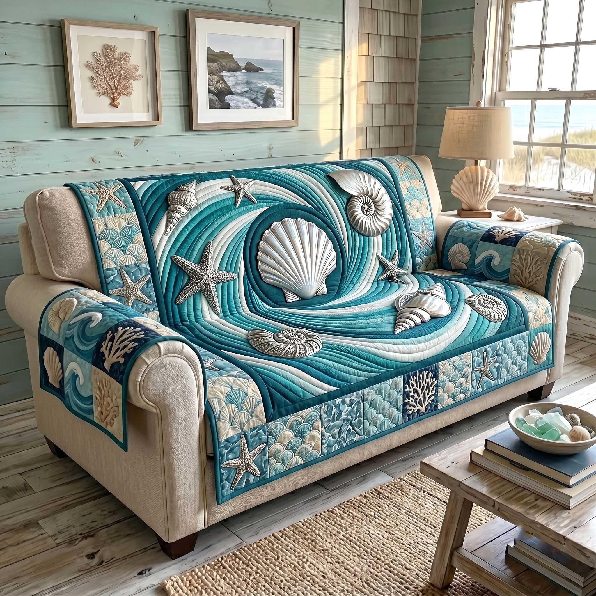 Seashell in Teal Swirling Waves Sofa Cover