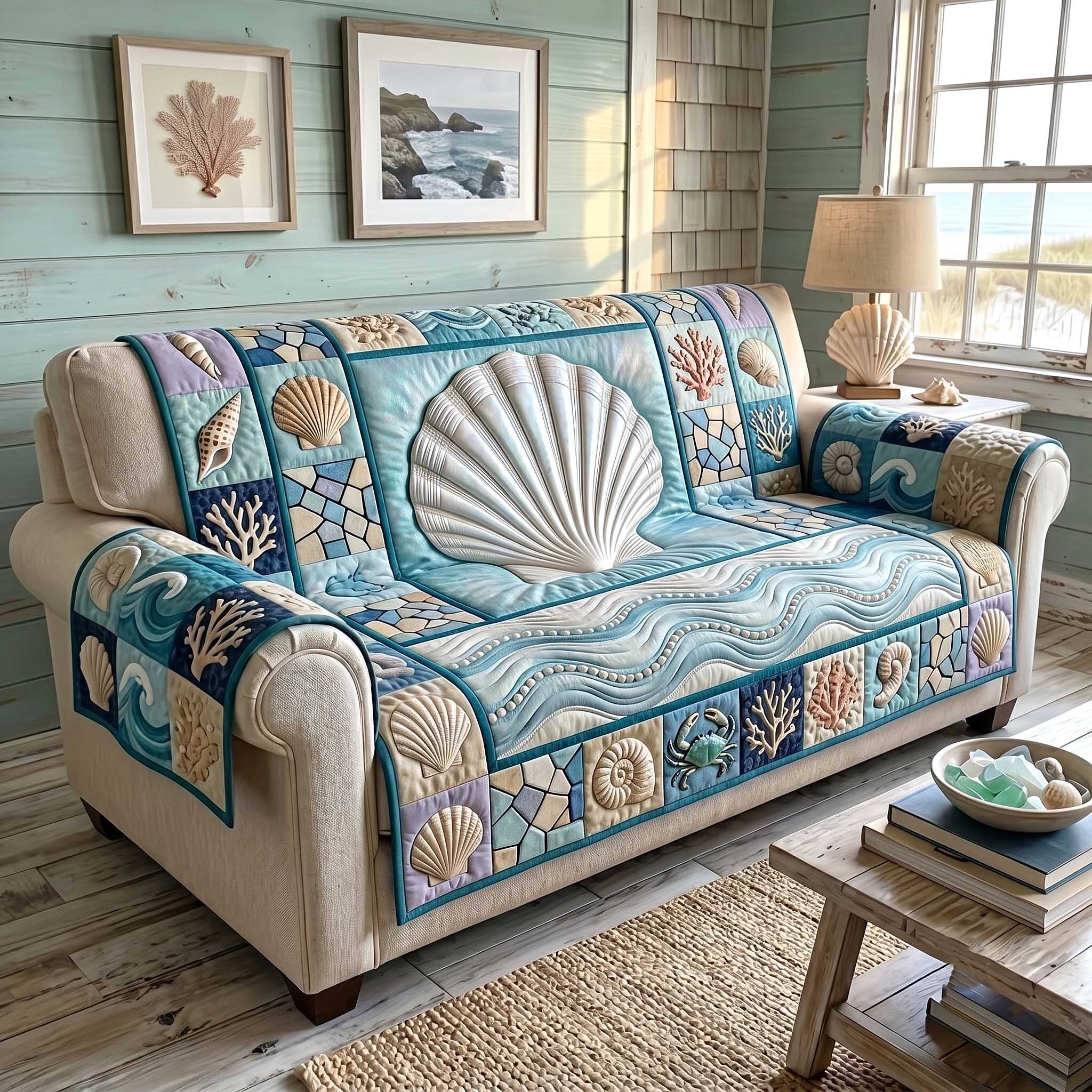 Large Scallop Shell on Blue Waves Sofa Cover