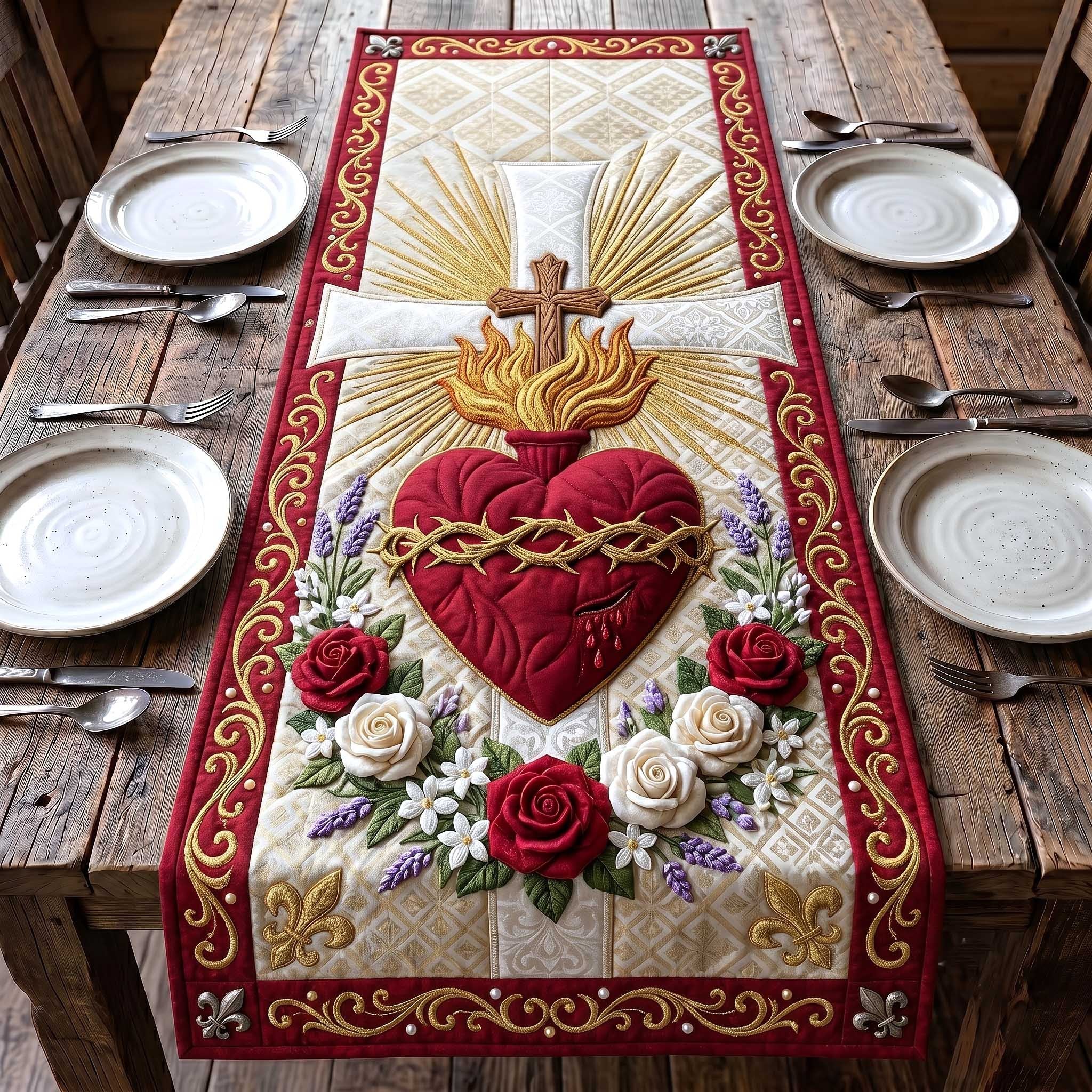 Sacred Heart with Roses and Lilies Table Runner