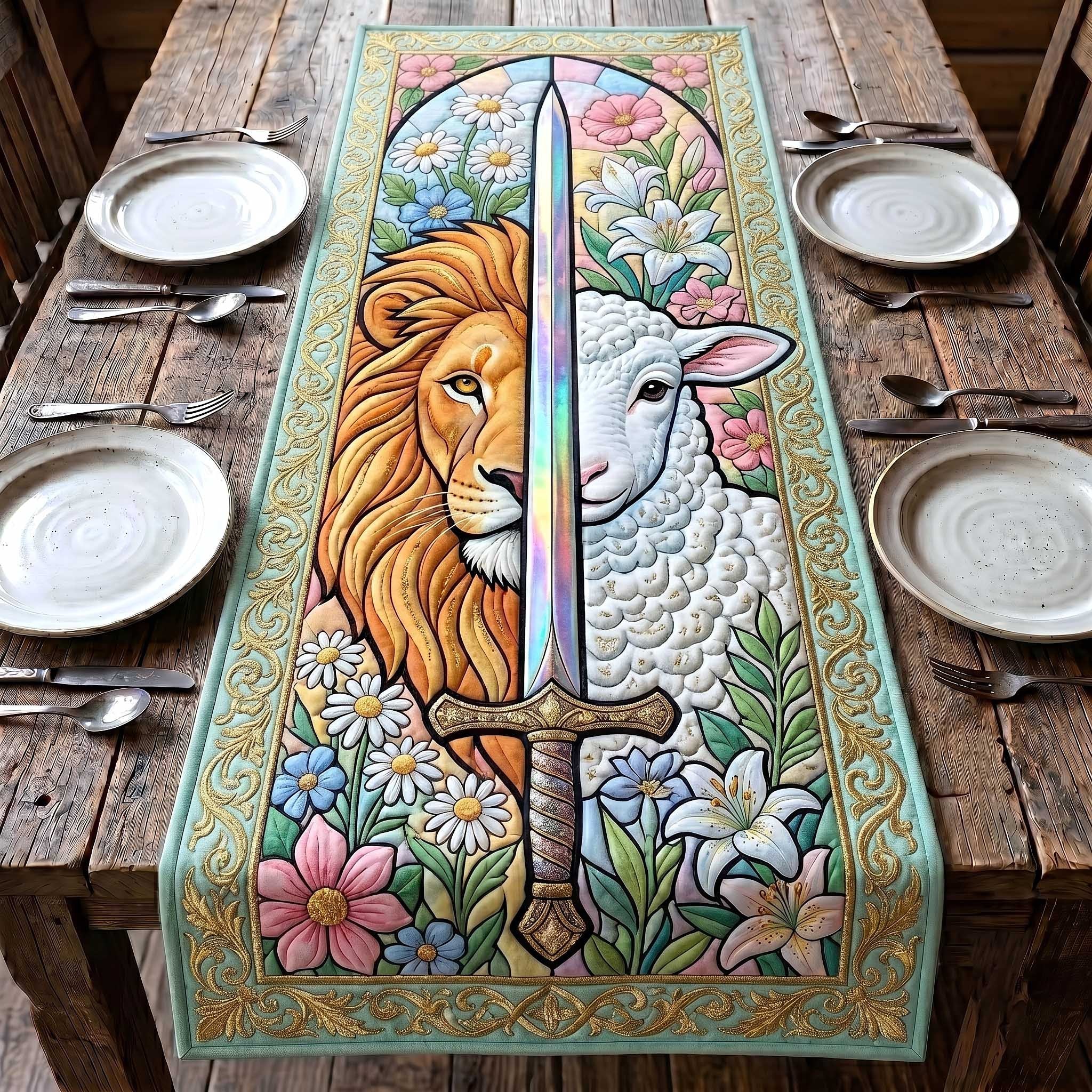 Lion and Lamb with Cross Table Runner