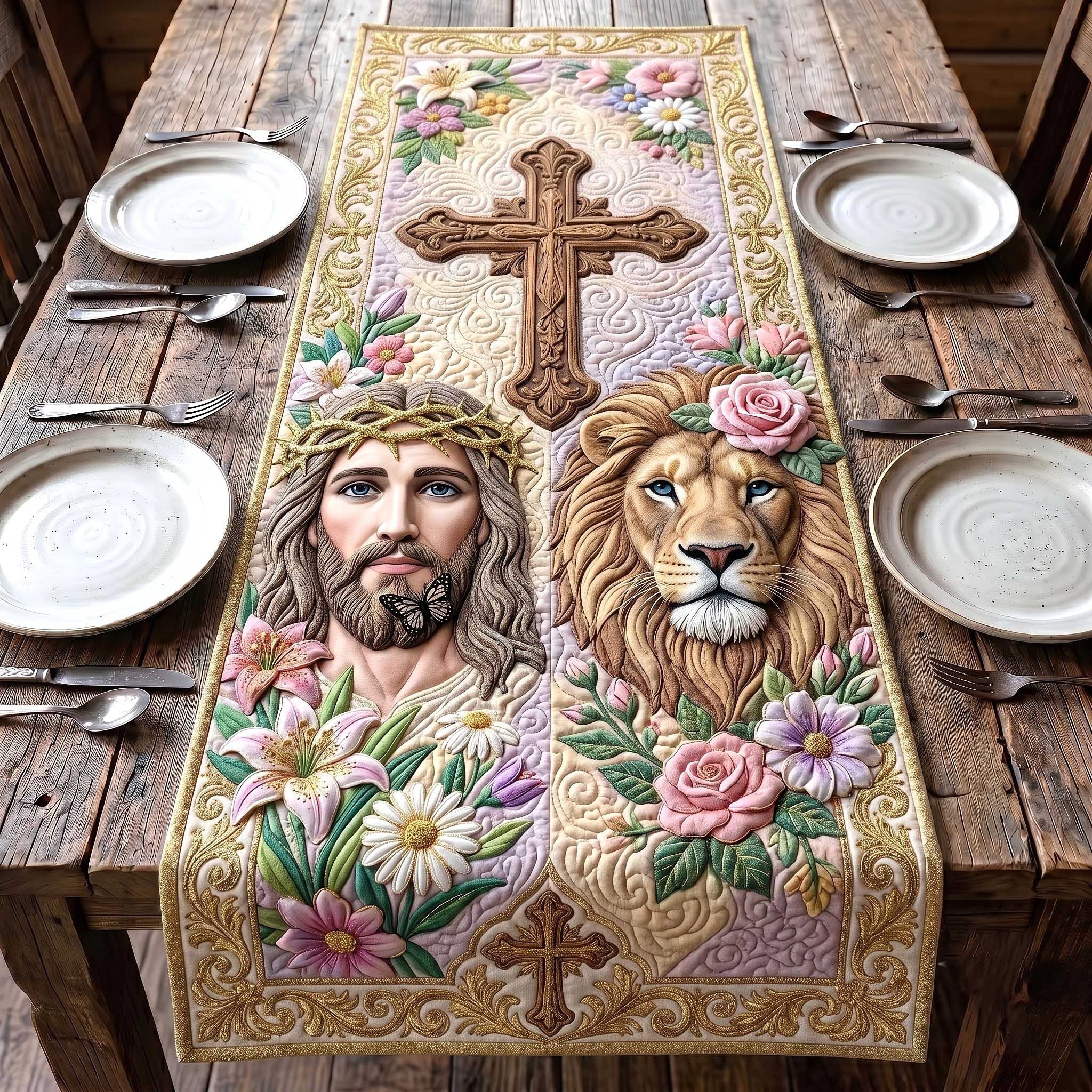 Jesus and Lion Among Roses Table Runner