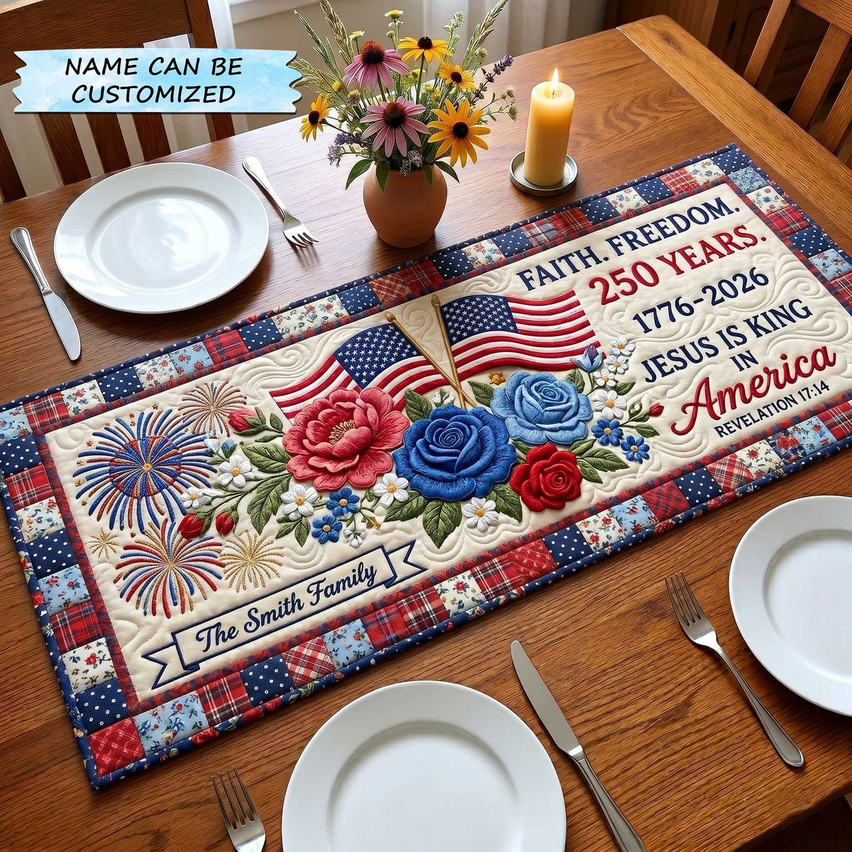 Faith Freedom Roses and Flags Table Runner