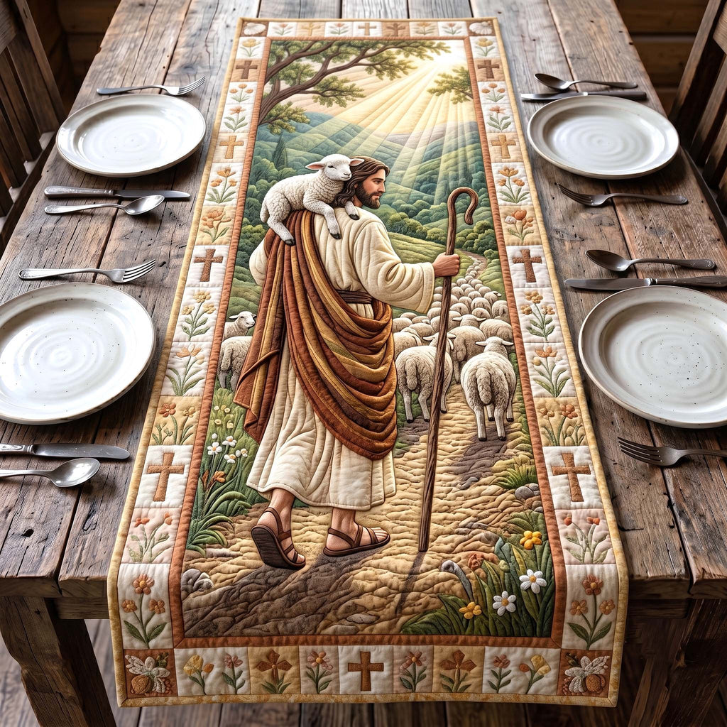 Shepherd Carrying Lamb on Hillside Table Runner