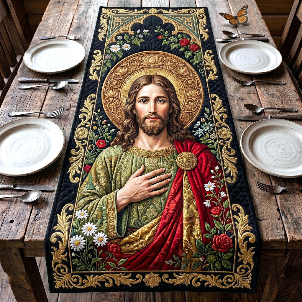 Jesus in Green Robe with Lilies Table Runner