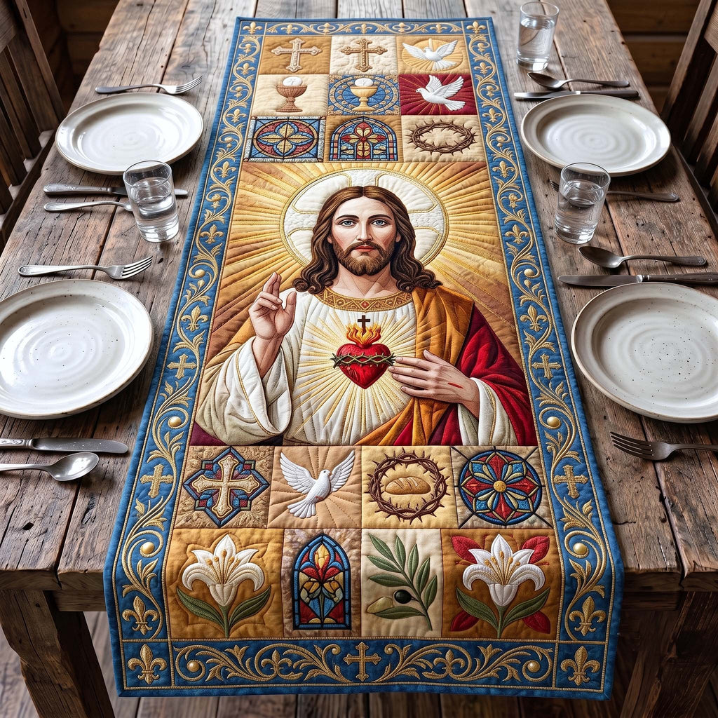 Sacred Heart Jesus Quilted Panels Table Runner
