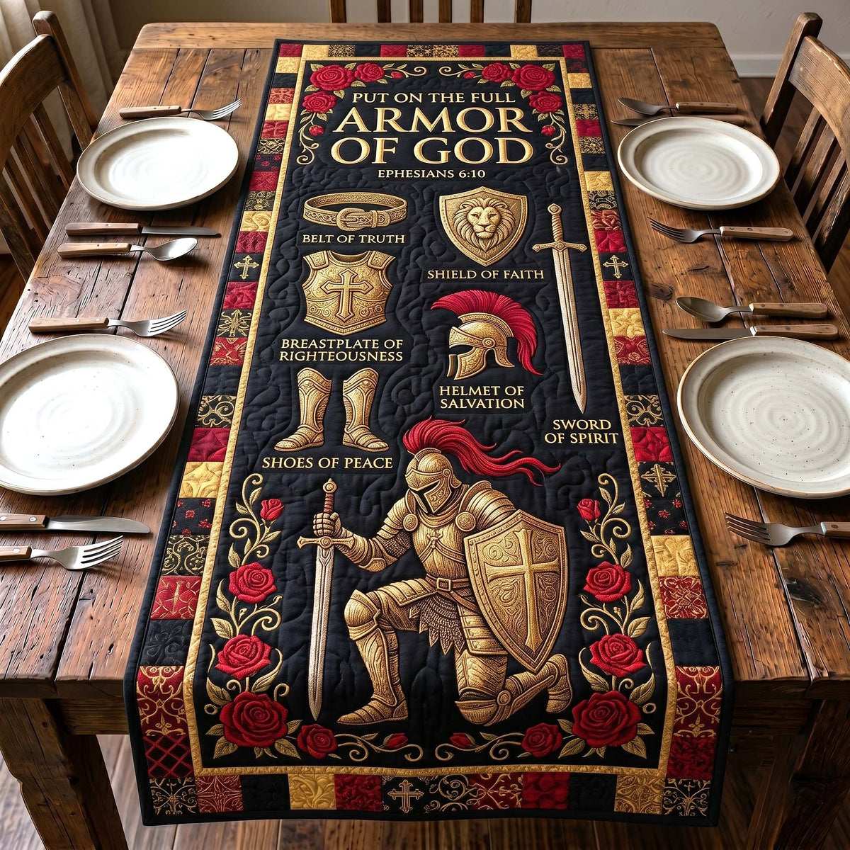 Kneeling Knight with Red Roses Table Runner