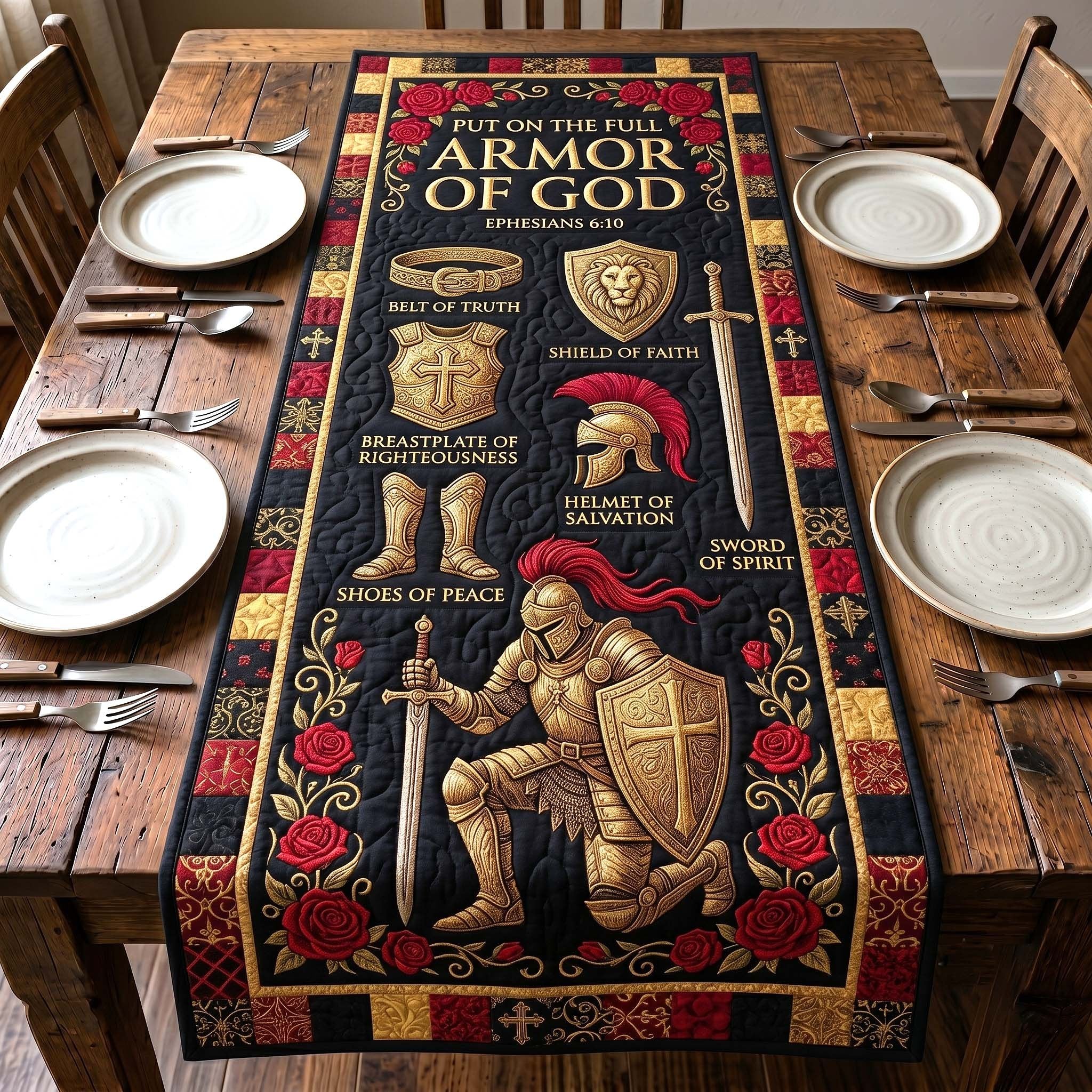 Kneeling Knight with Red Roses Table Runner
