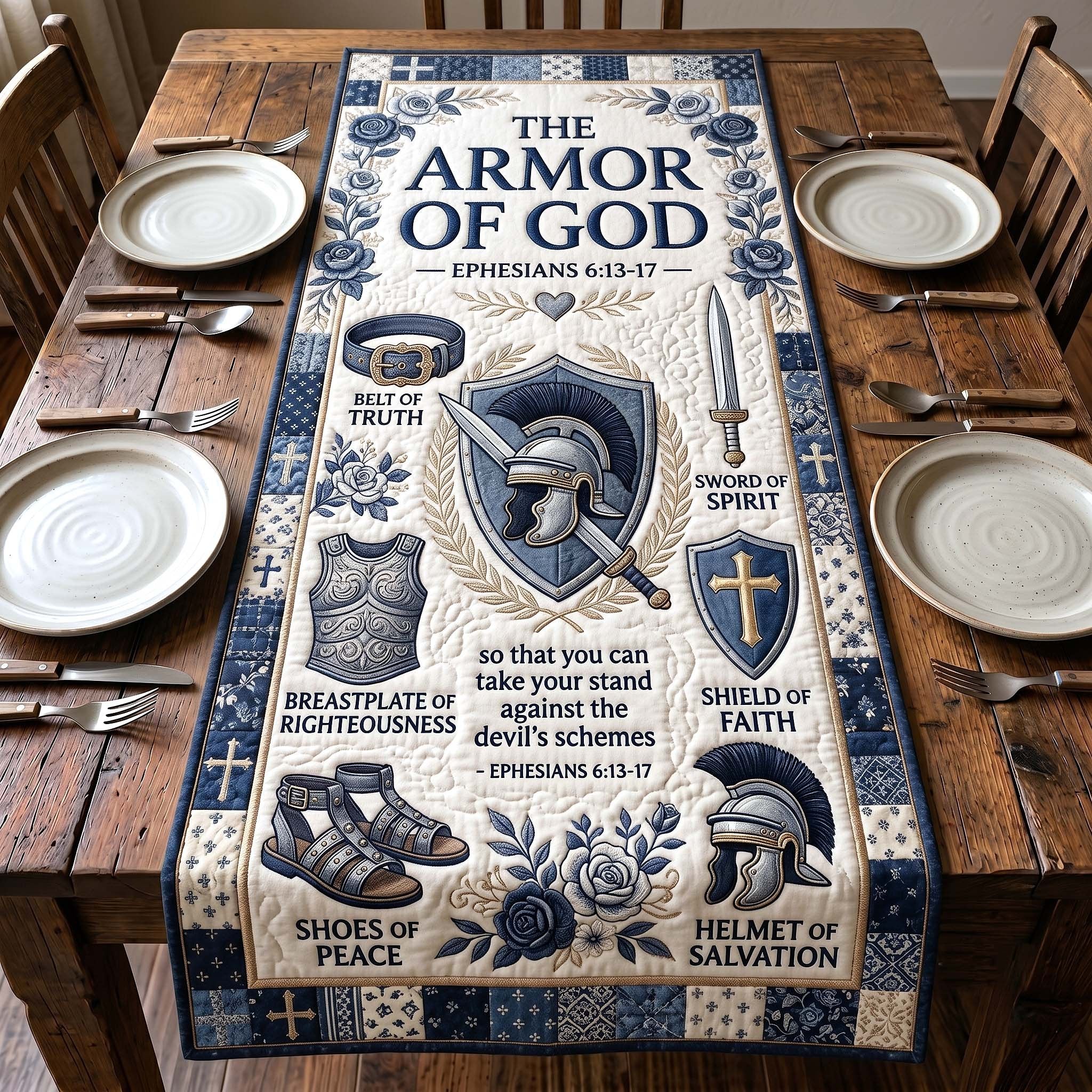 Armor of God on Cream Panel Table Runner