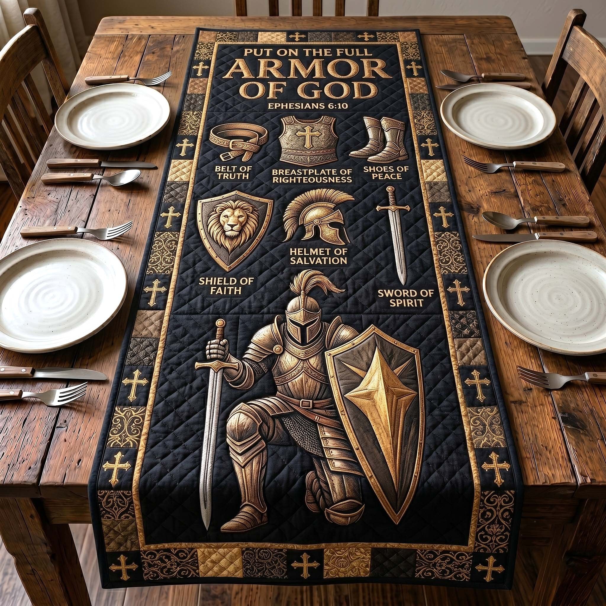 Golden Knight on Black Damask Table Runner