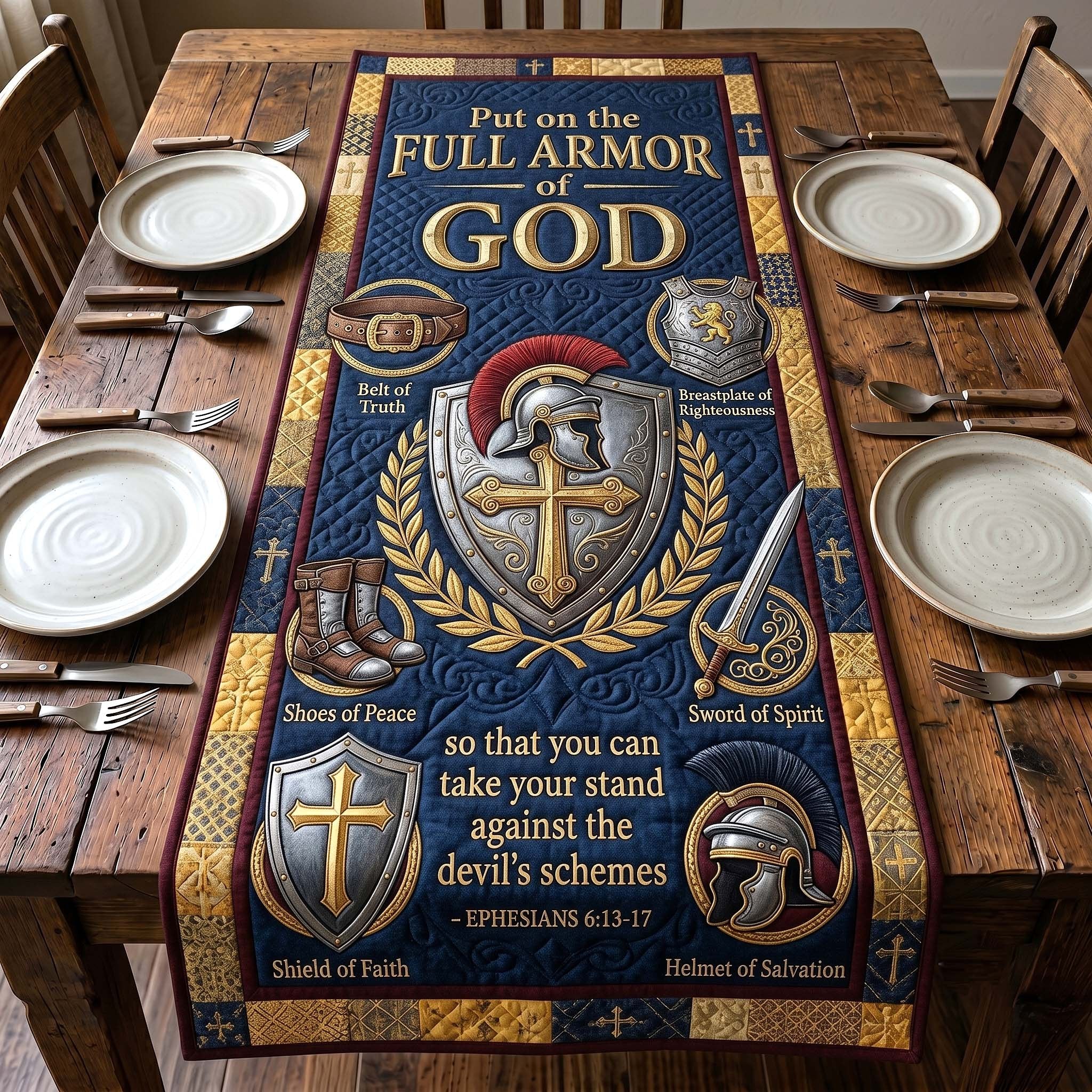 Armor of God Navy Gold Shield Table Runner