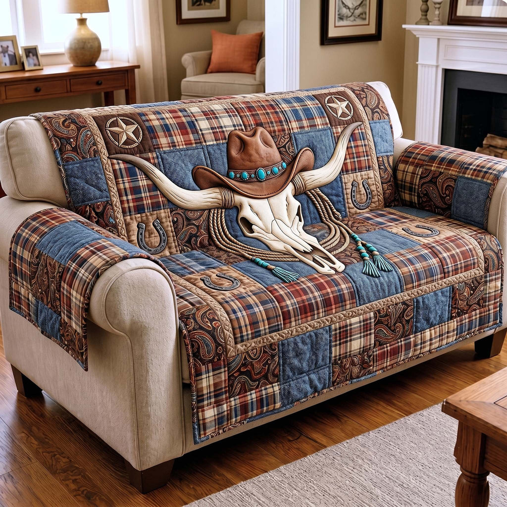 Longhorn Skull on Blue Plaid Sofa Cover