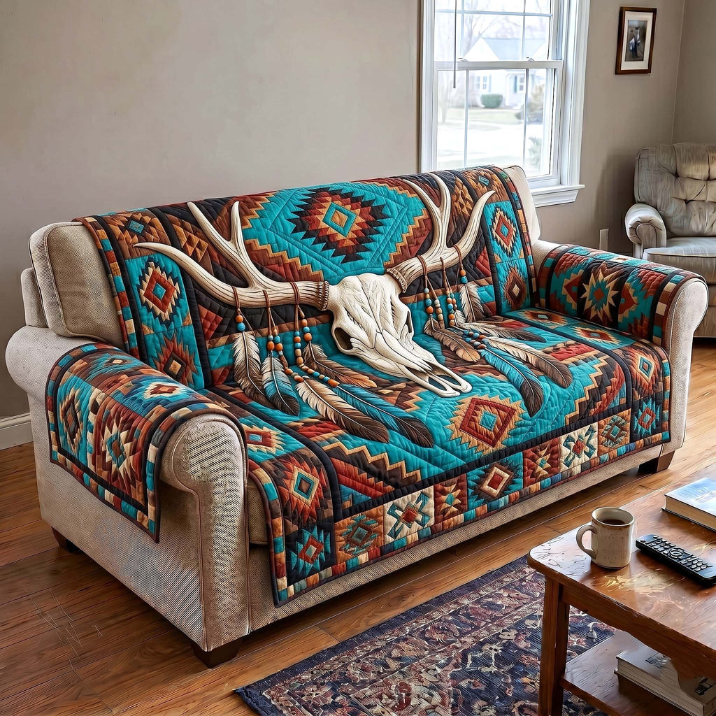 Longhorn Skull on Teal Aztec Quilt Sofa Cover