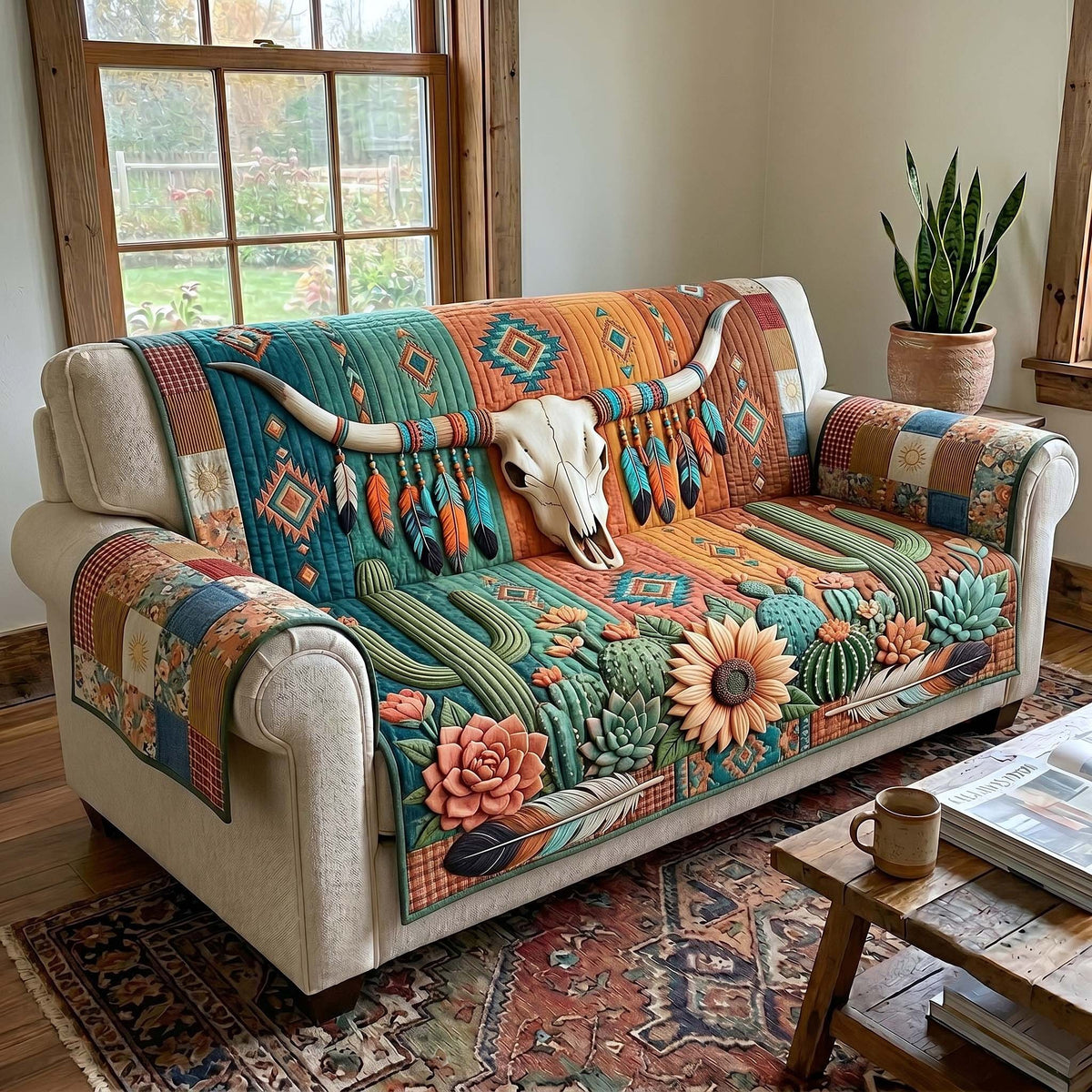Longhorn Skull with Desert Succulents Sofa Cover