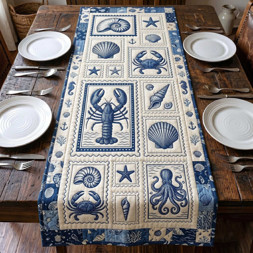 Blue Sea Creature Squares on Cream Table Runner