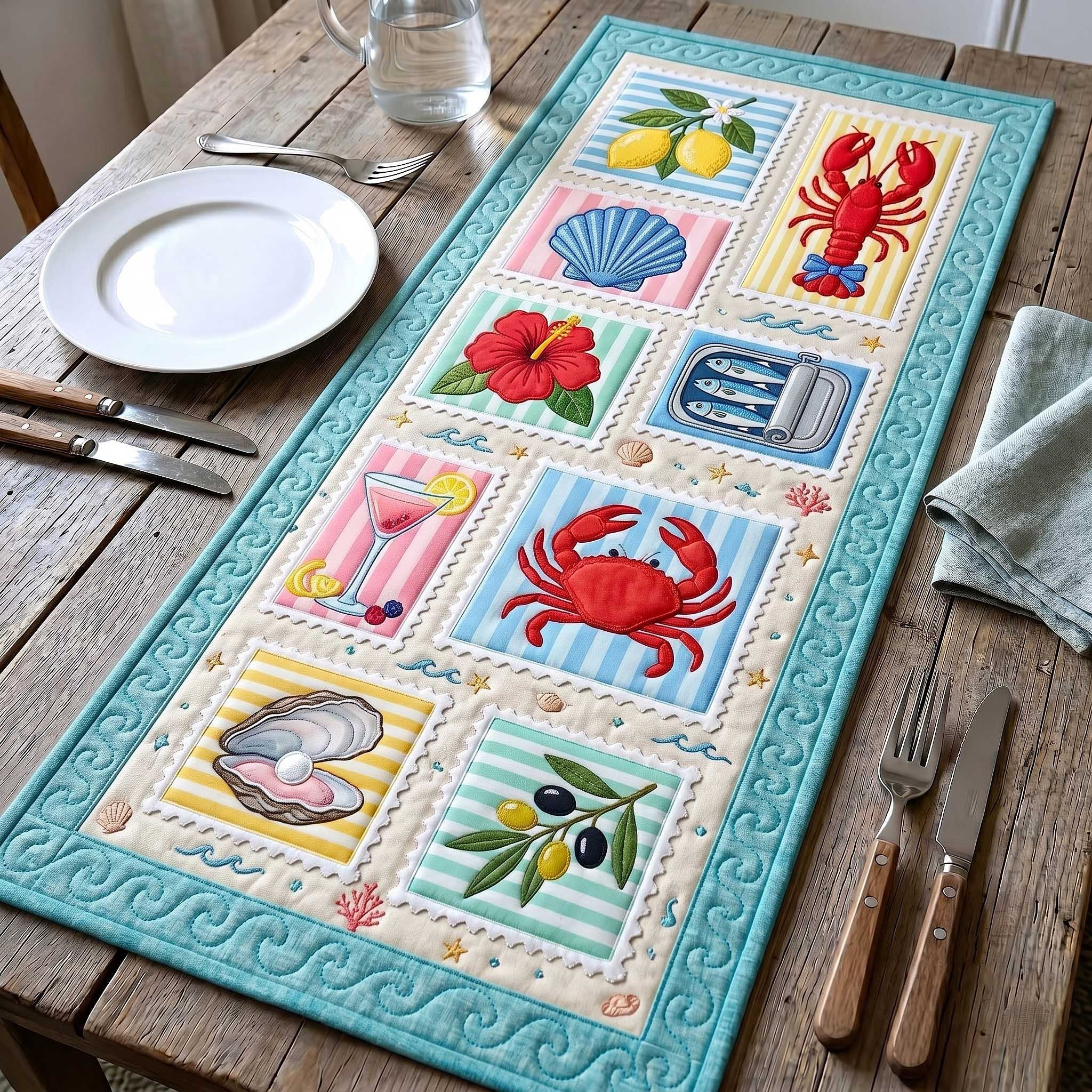 Pastel Beach Squares on Aqua Table Runner