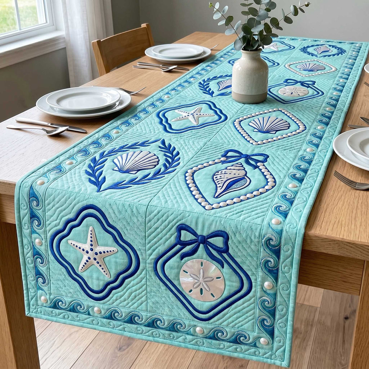 Starfish and Sand Dollar on Turquoise Table Runner