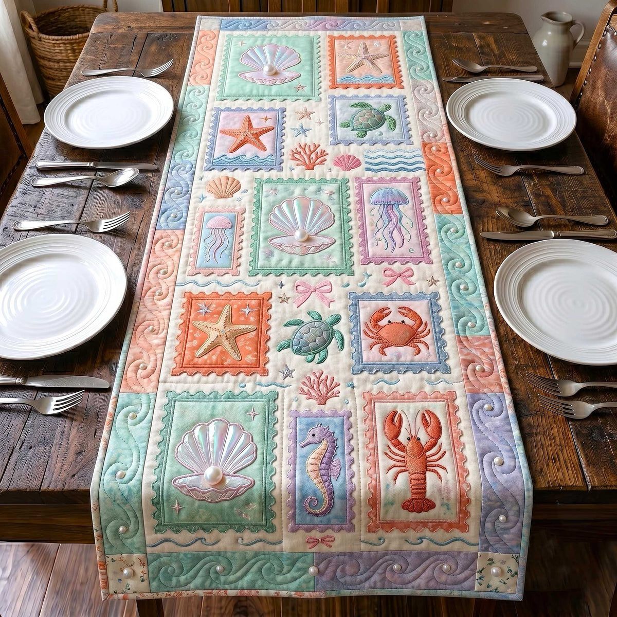 Pastel Sea Life Stamp Blocks Table Runner