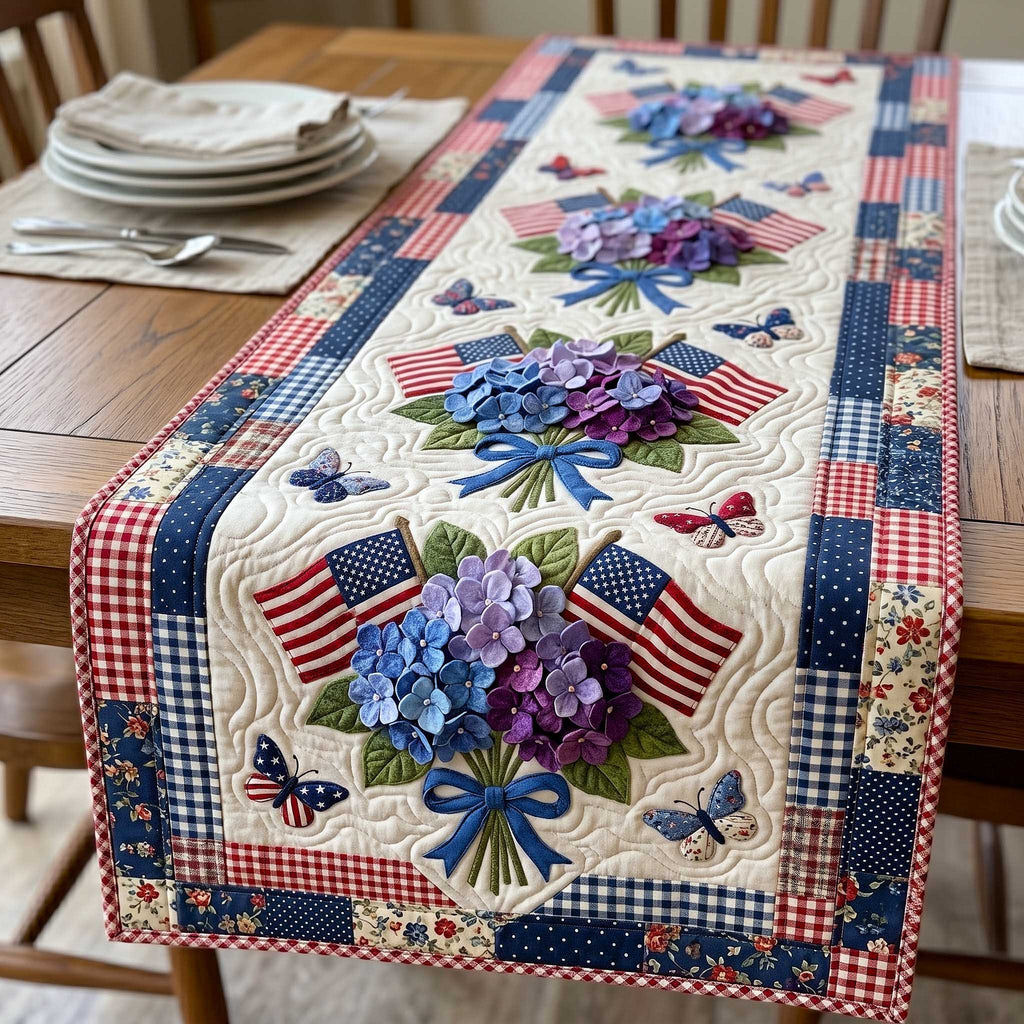 Hydrangea Bouquets with Flags Navy Check Table Runner