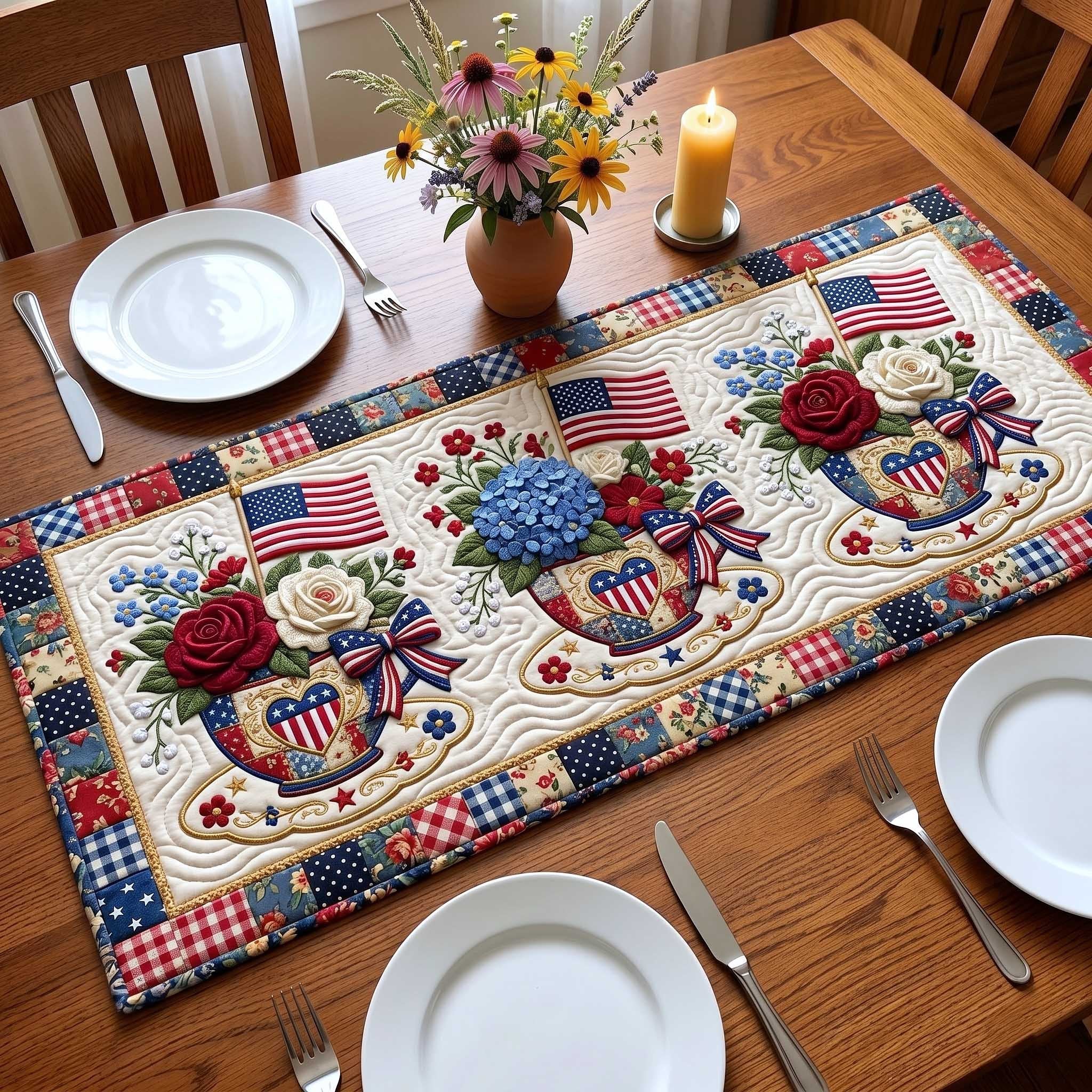 Flags and Red White Blue Blooms Table Runner