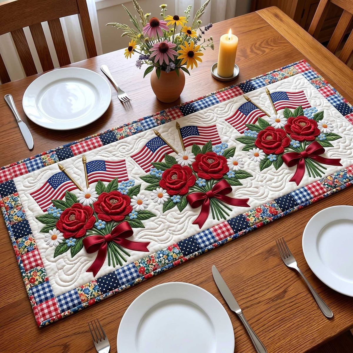 Red Roses with American Flags Table Runner