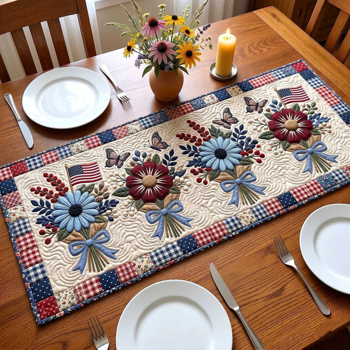 Blue Daisies and Butterflies Patchwork Table Runner