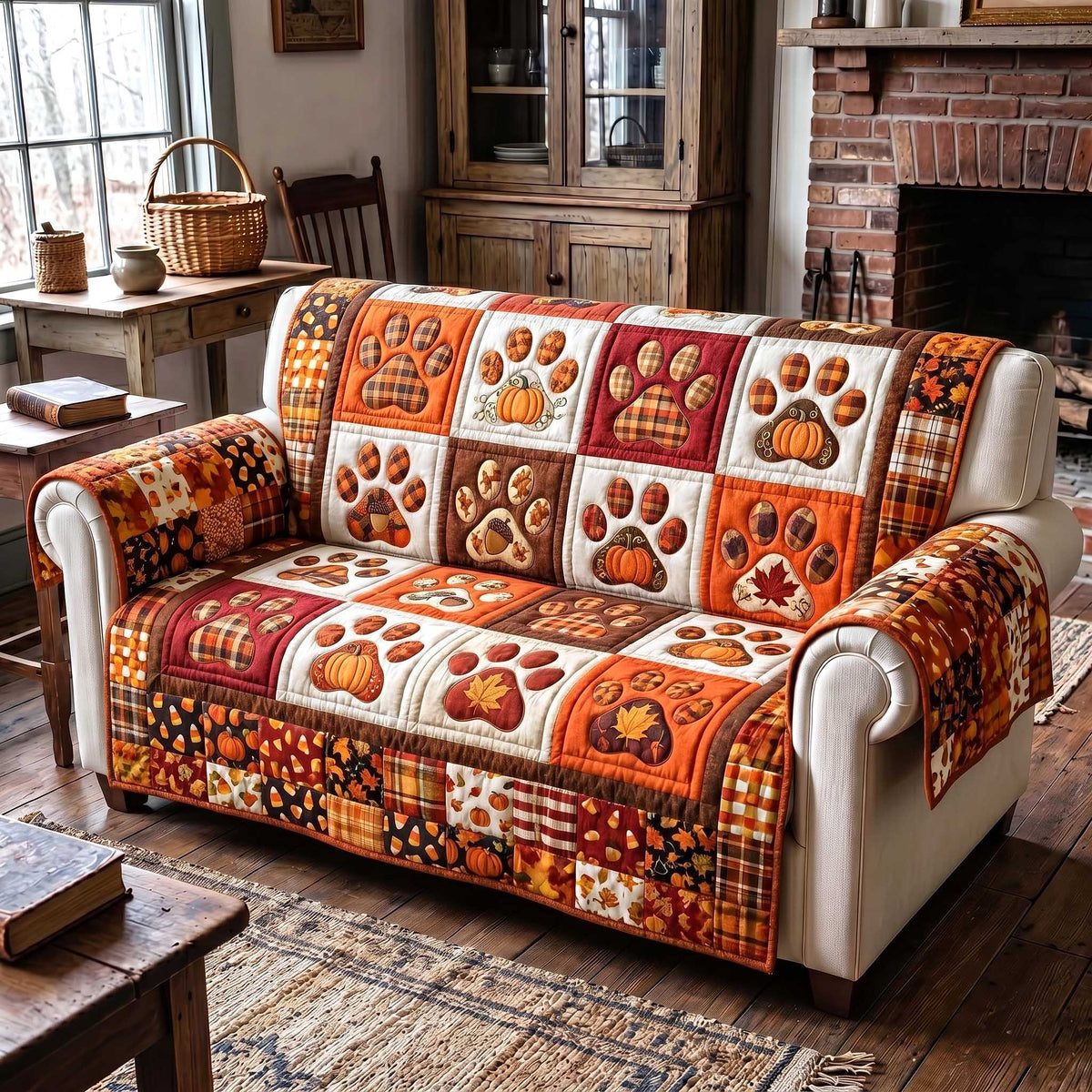 Paw Print Squares in Rust Sofa Cover