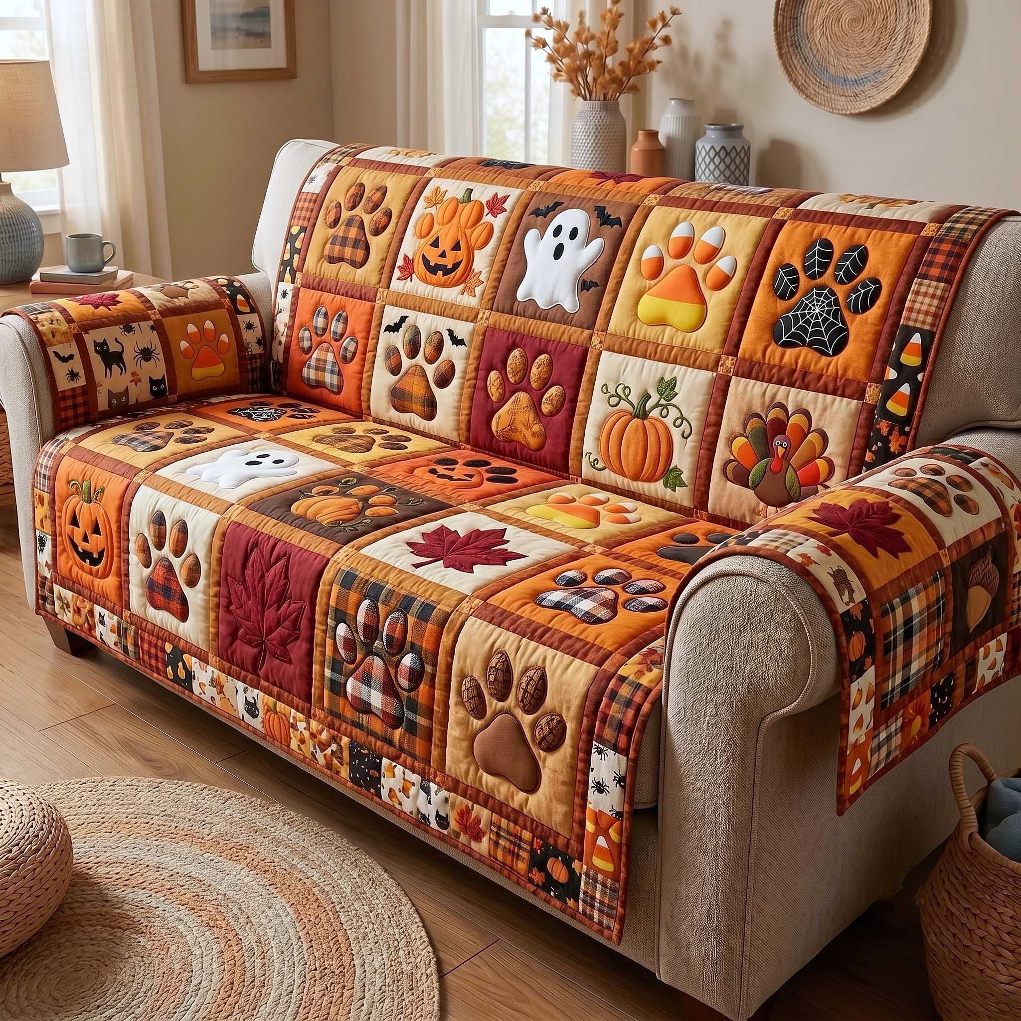 Paw Prints with Autumn Leaves Sofa Cover