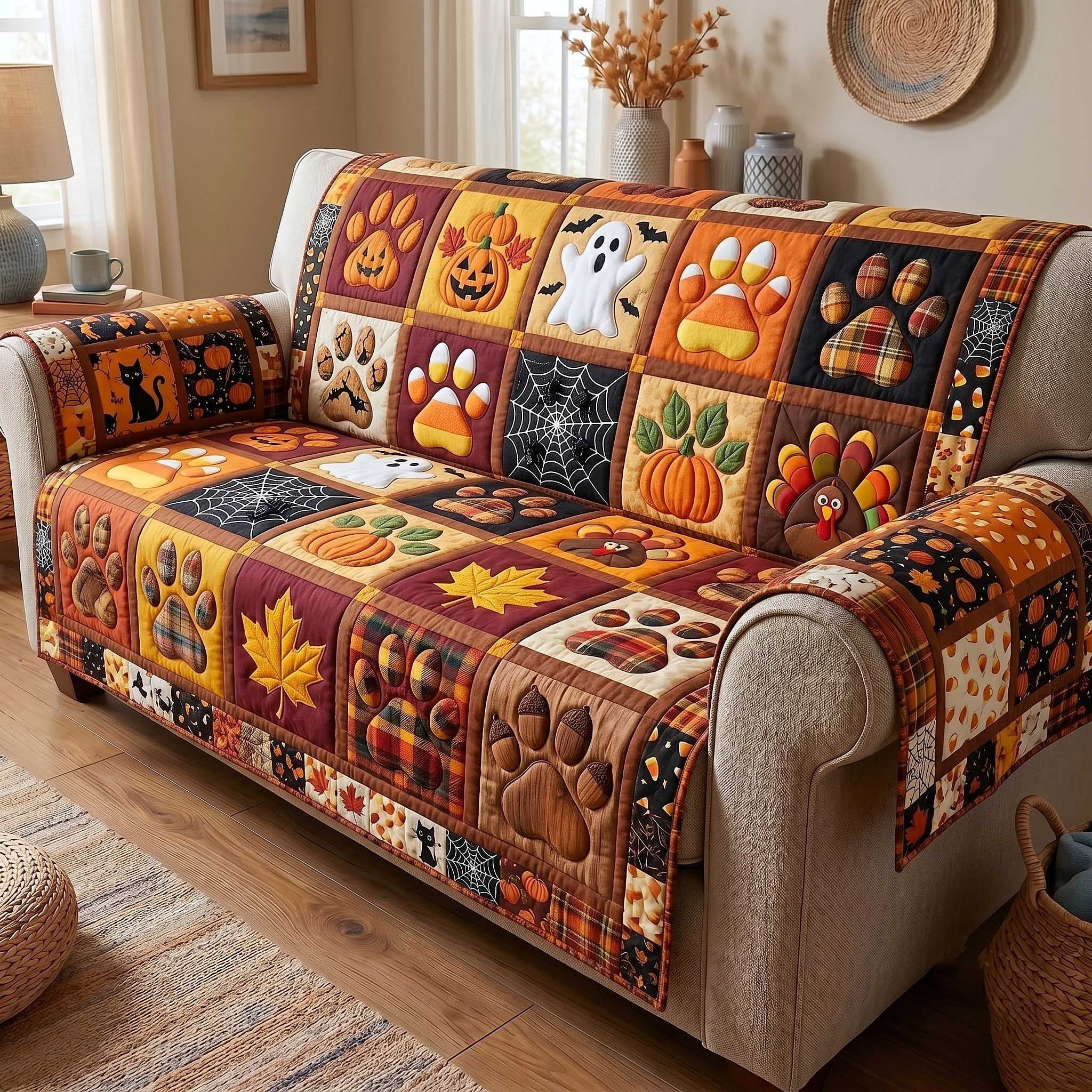 Paw Prints and Maple Leaves on Navy Sofa Cover