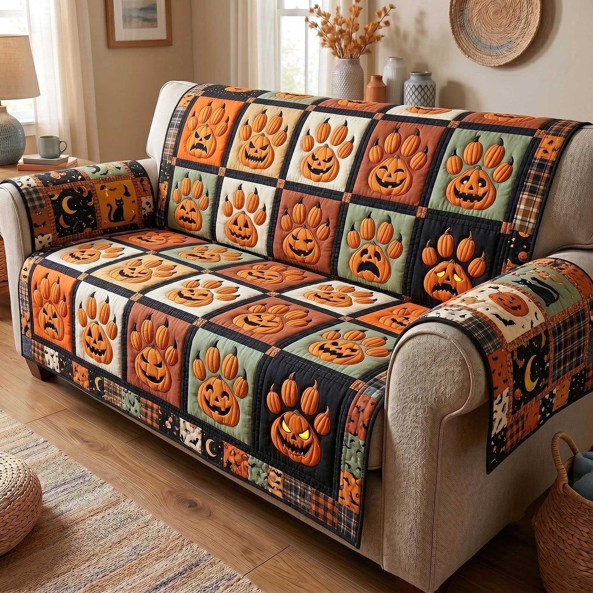 Paw Prints and Jack o Lanterns Sofa Cover