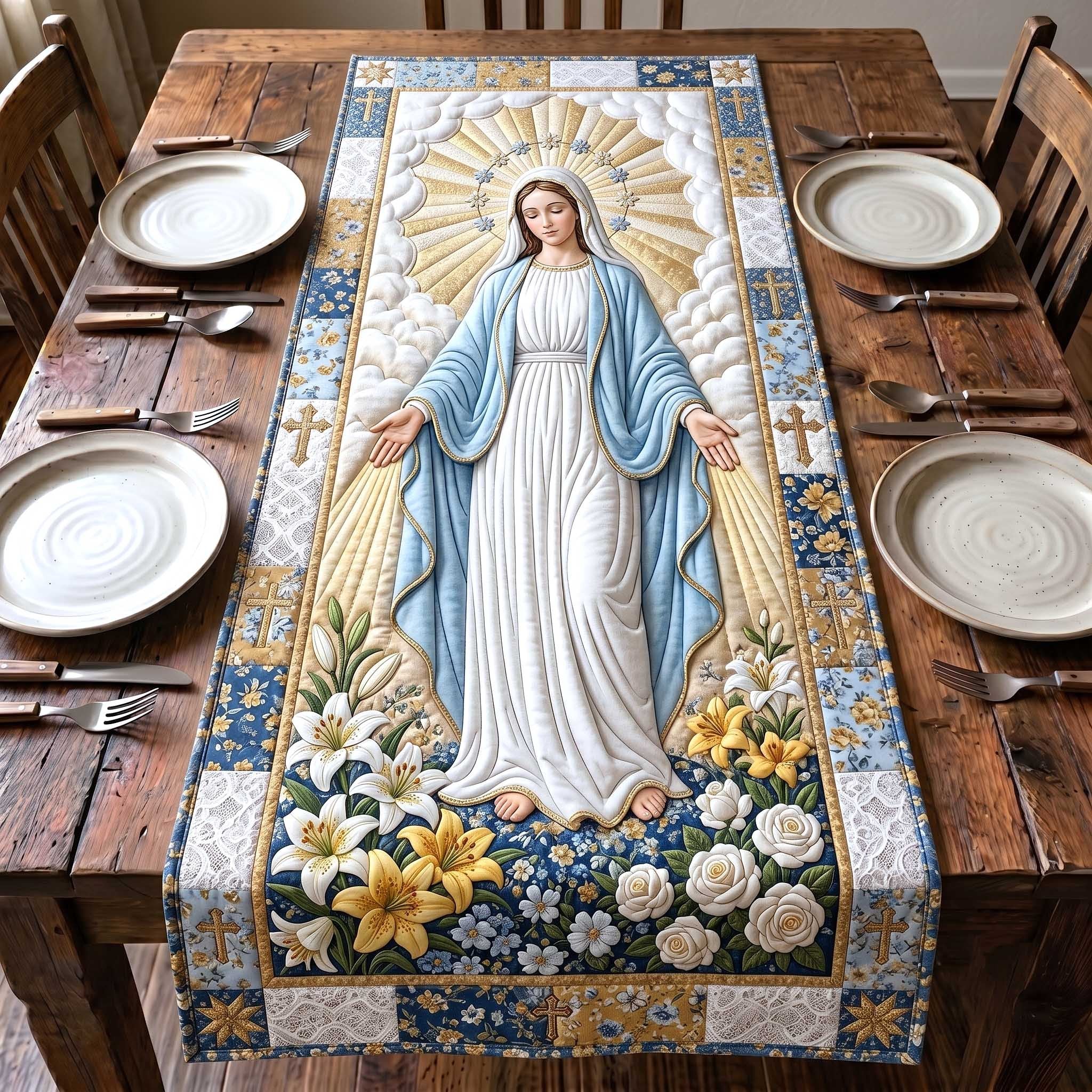 Virgin Mary with White Lilies Table Runner