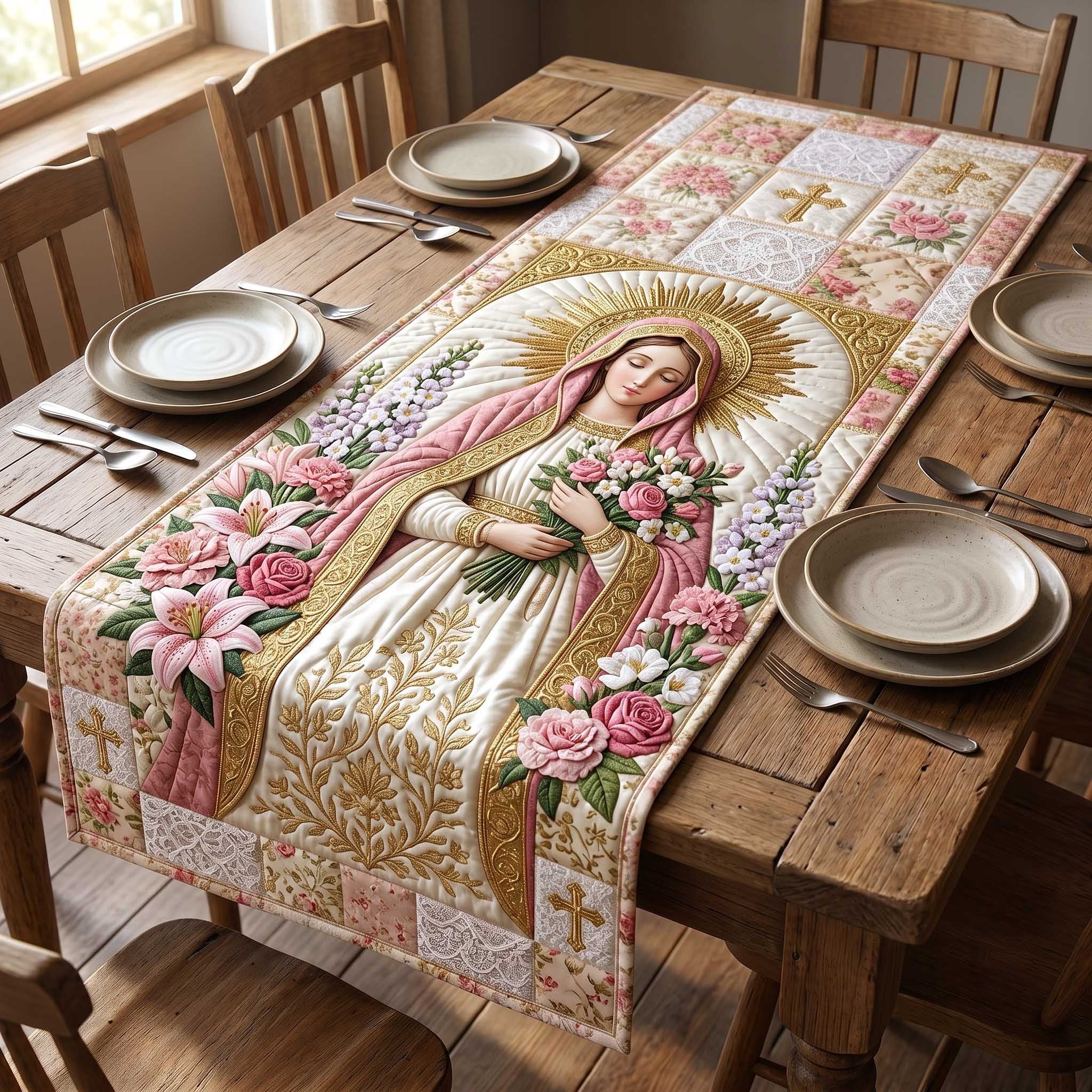Our Lady in Pink and Gold Table Runner