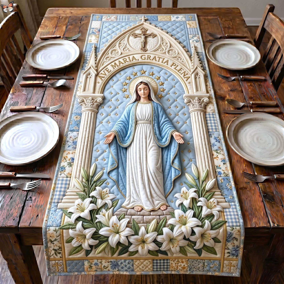 Mary Statue in Stone Archway Table Runner