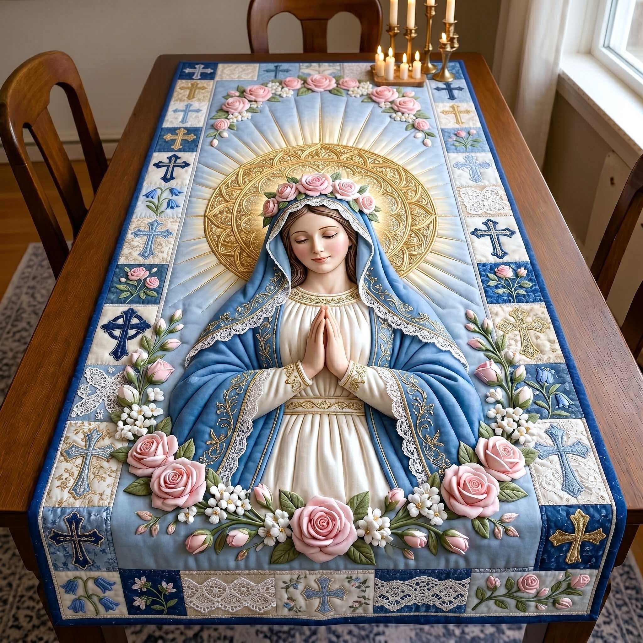Praying Madonna on Blue Glass Table Runner