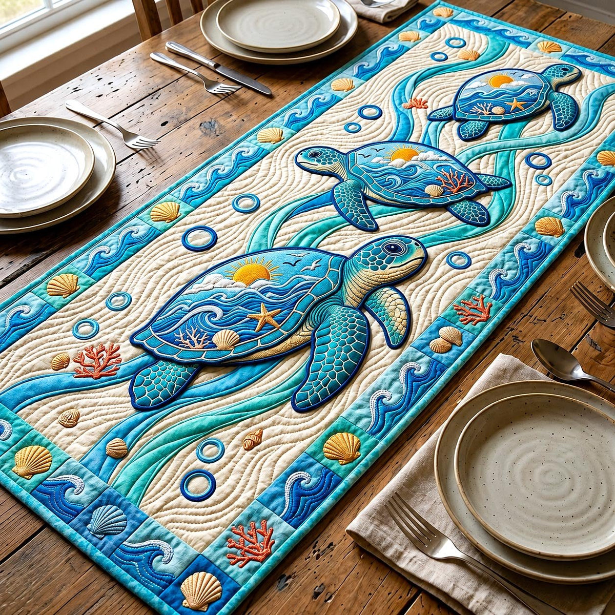 Teal Turtles on Cream Swirls Table Runner
