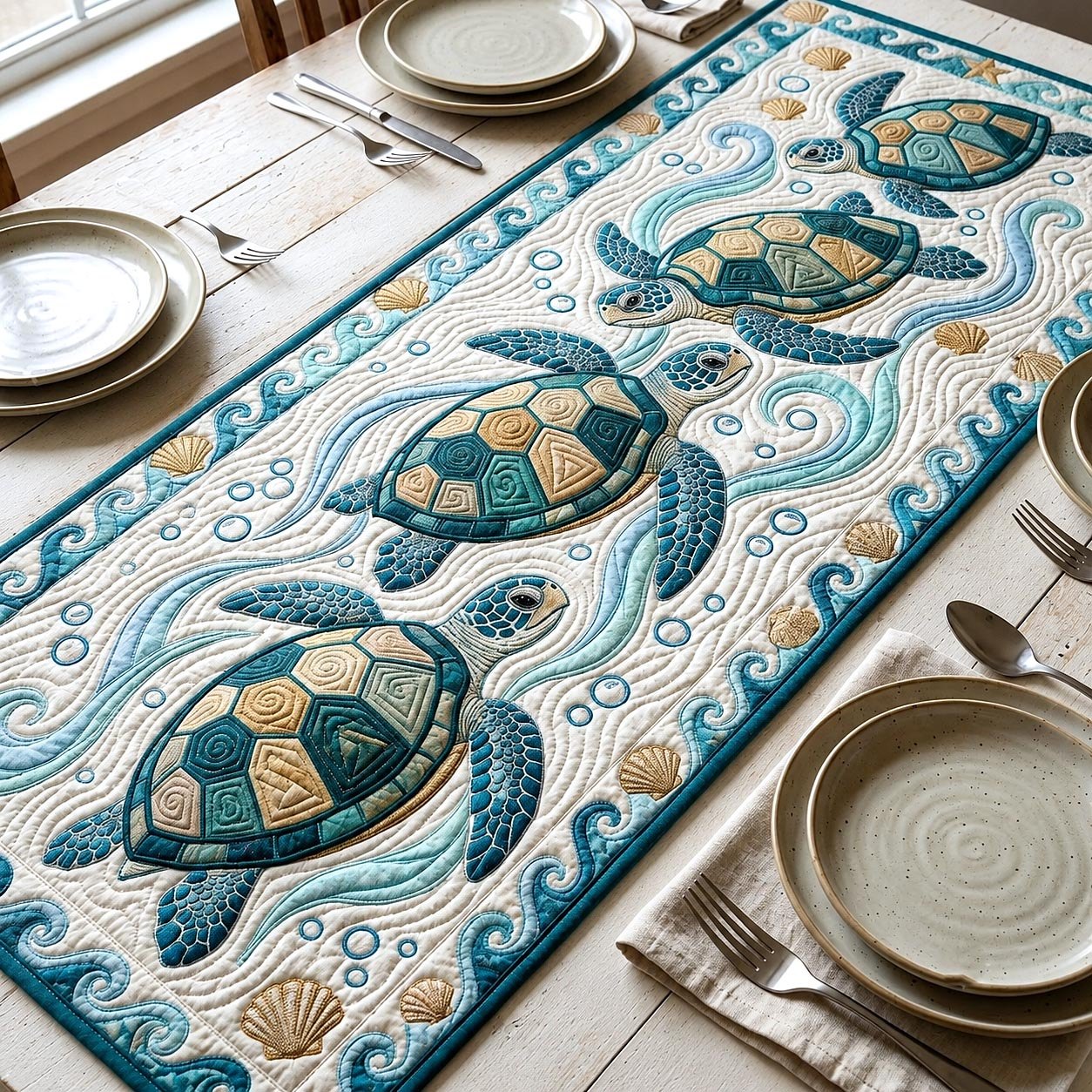Turtles on White Quilted Waves Table Runner