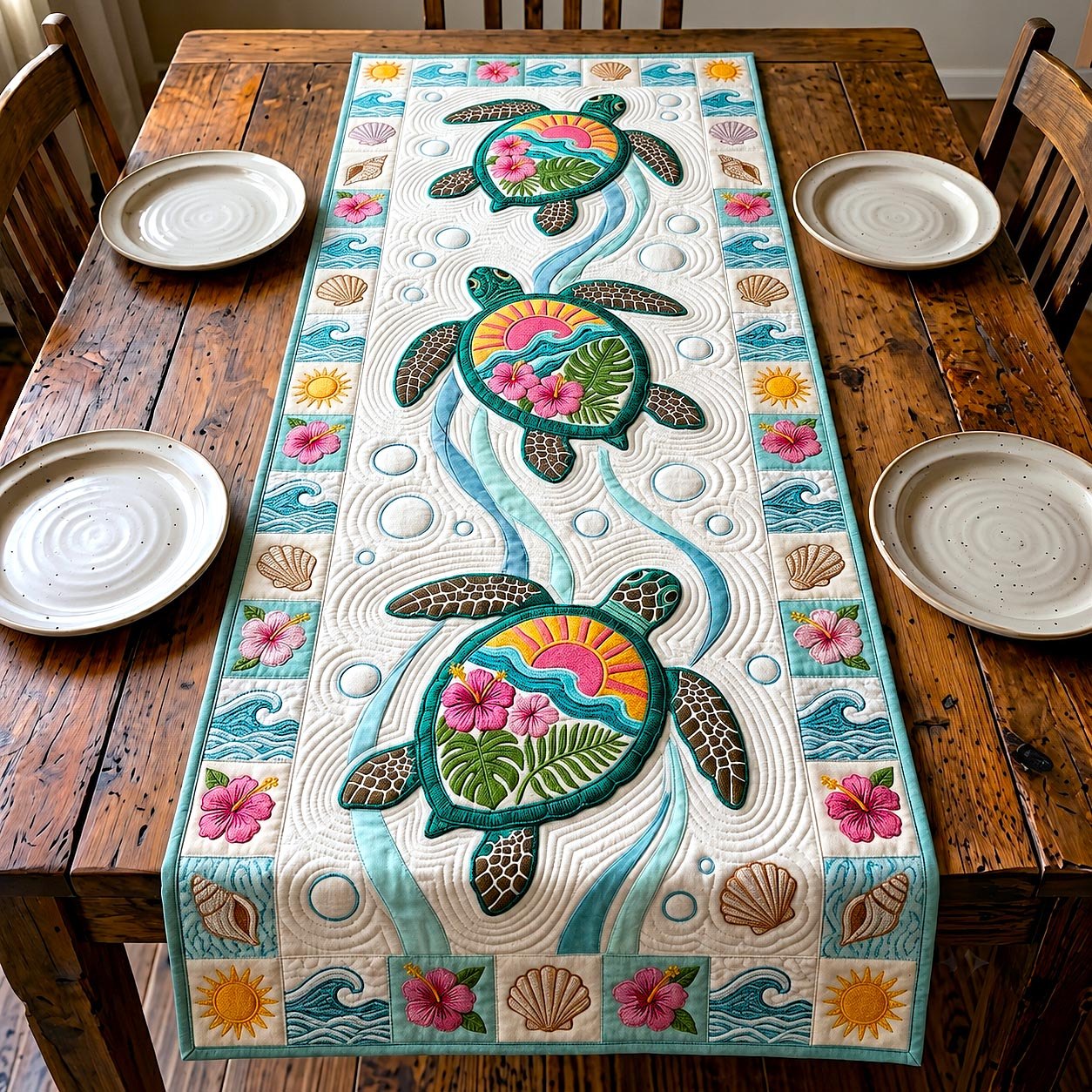 Turtles with Pink Flowers on Cream Table Runner
