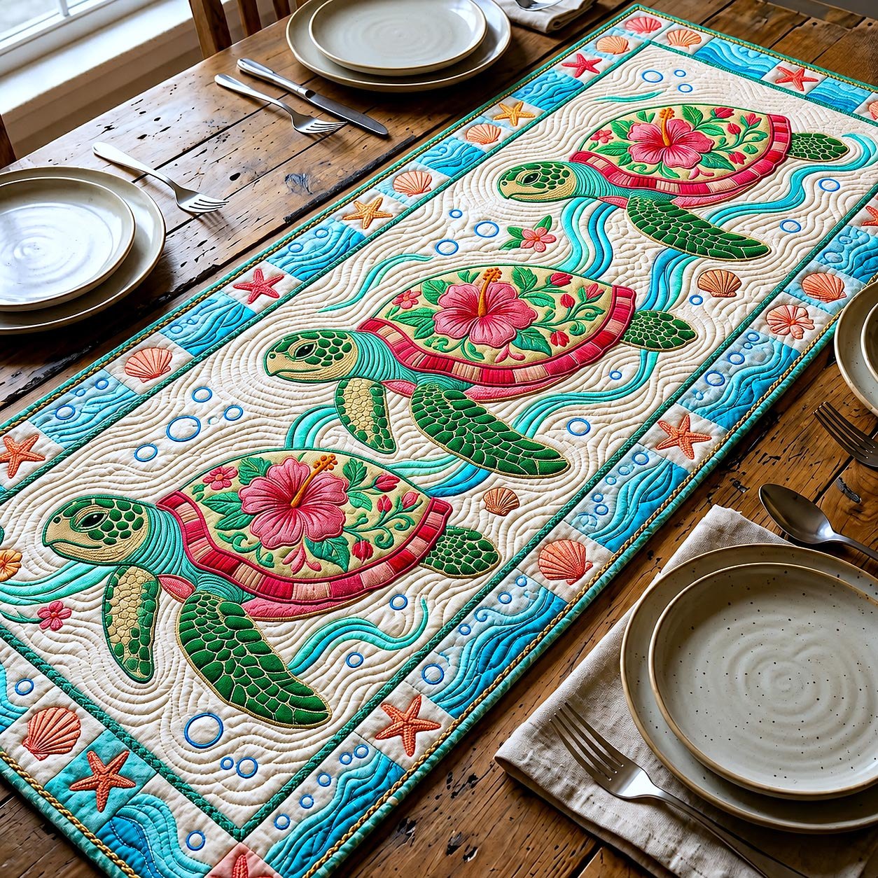 Green Turtles with Pink Blooms Table Runner