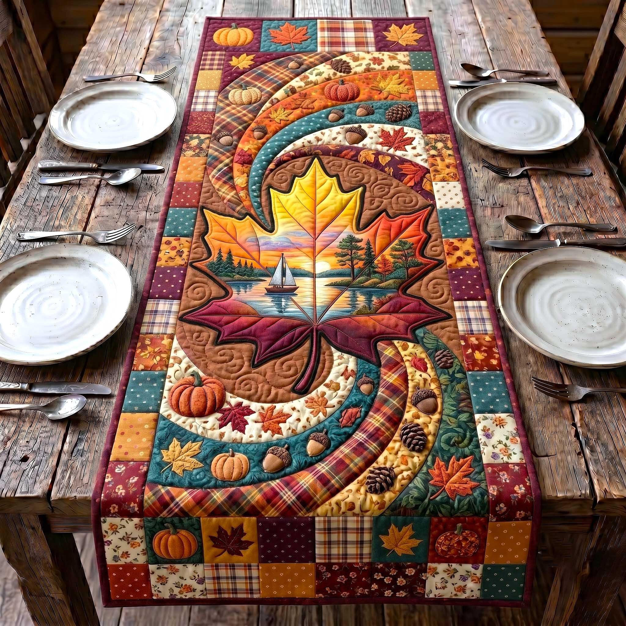 Maple Leaf Sunset with Pumpkins Table Runner