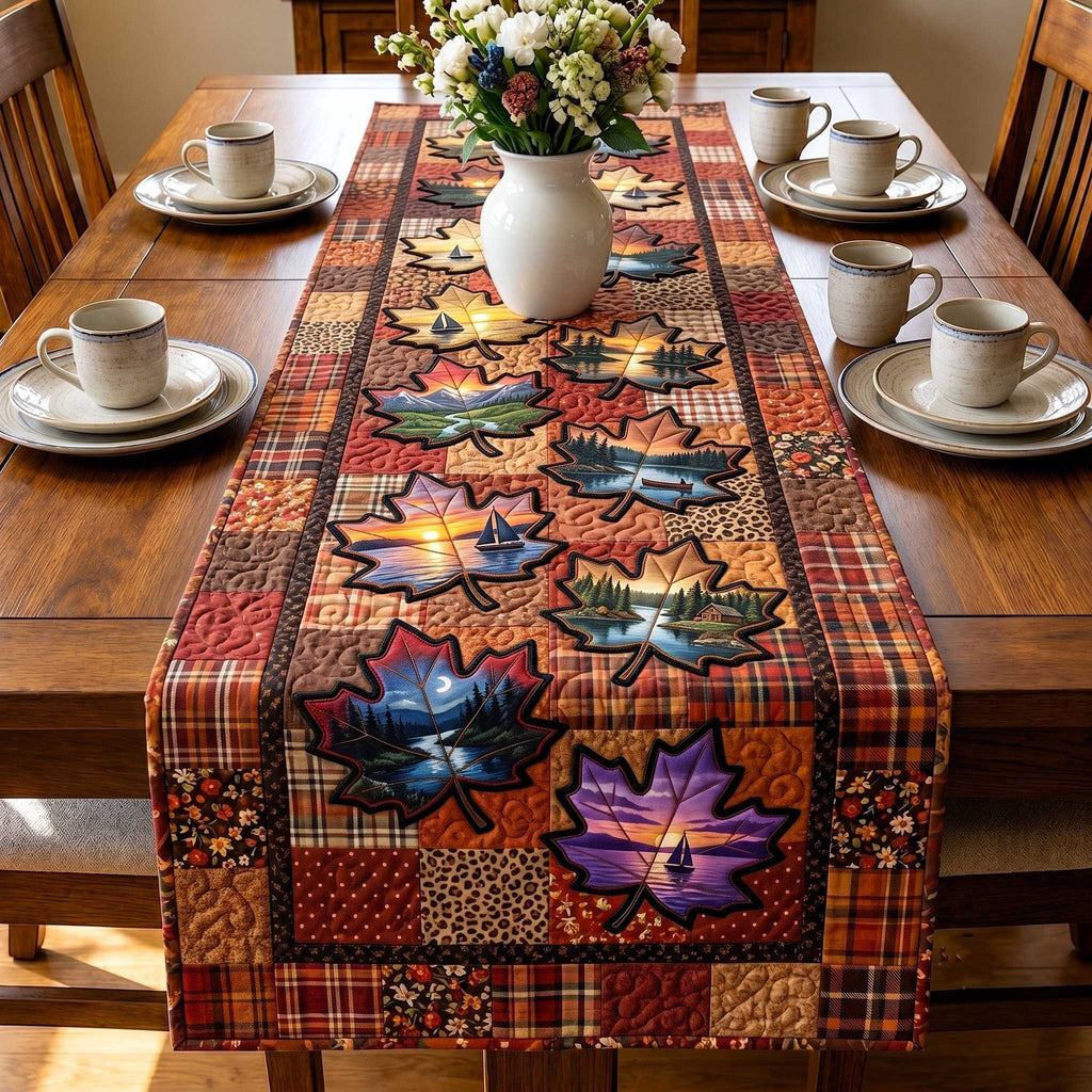 Blue and Purple Leaves on Plaid Table Runner