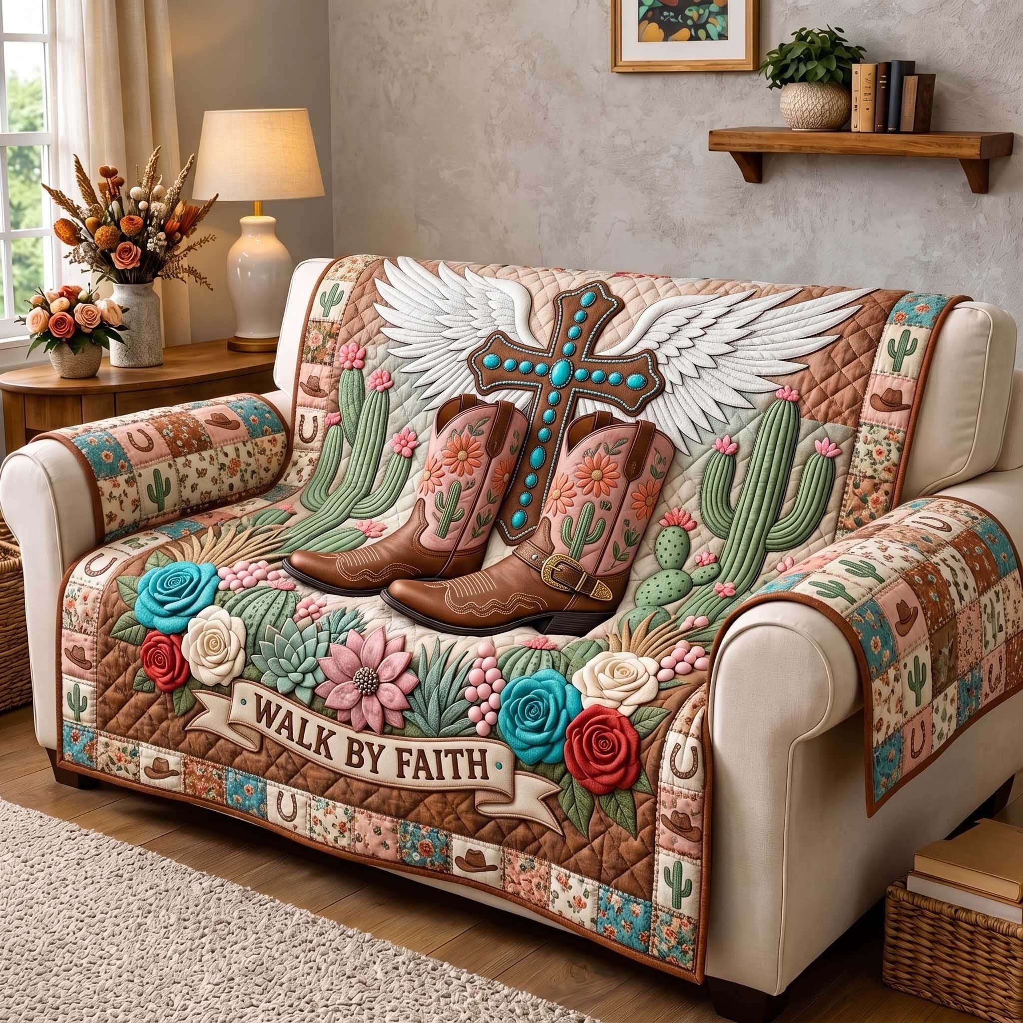 Walk by Faith with Boots and Cactus Sofa Cover