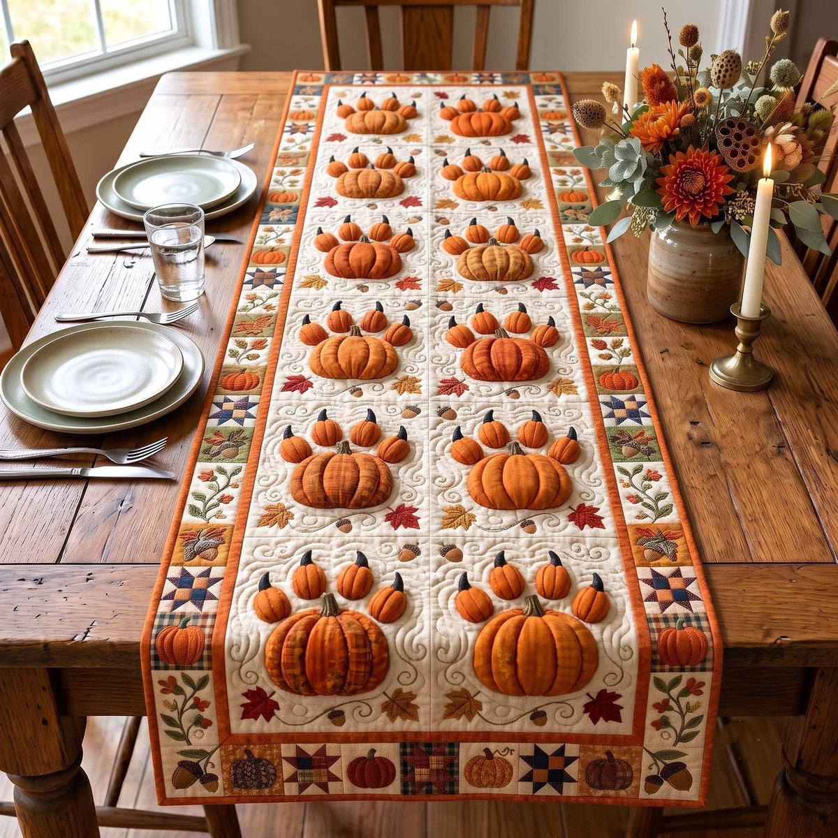 Orange Pumpkin Blocks on Cream Table Runner