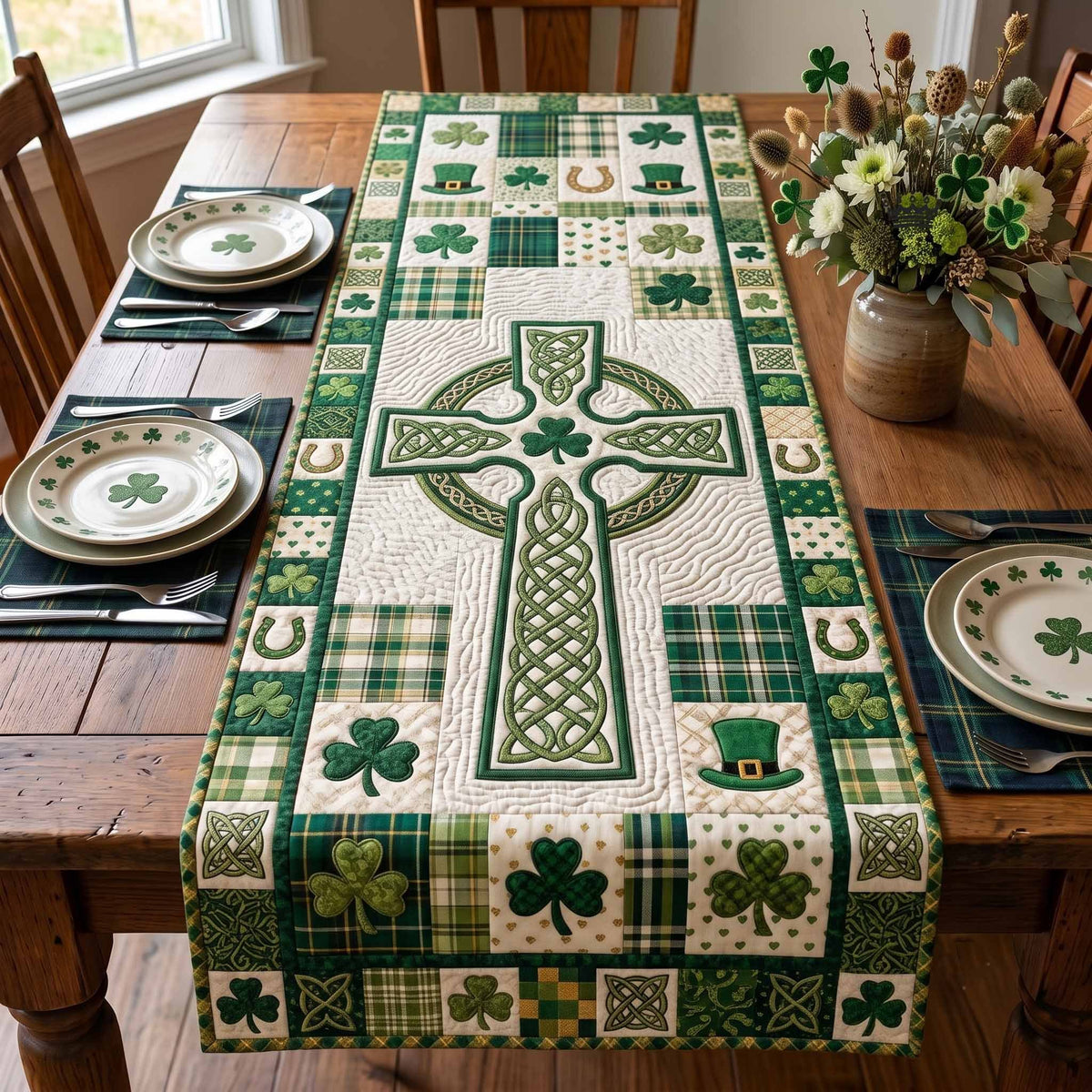 Celtic Cross with Shamrocks and Plaid Table Runner