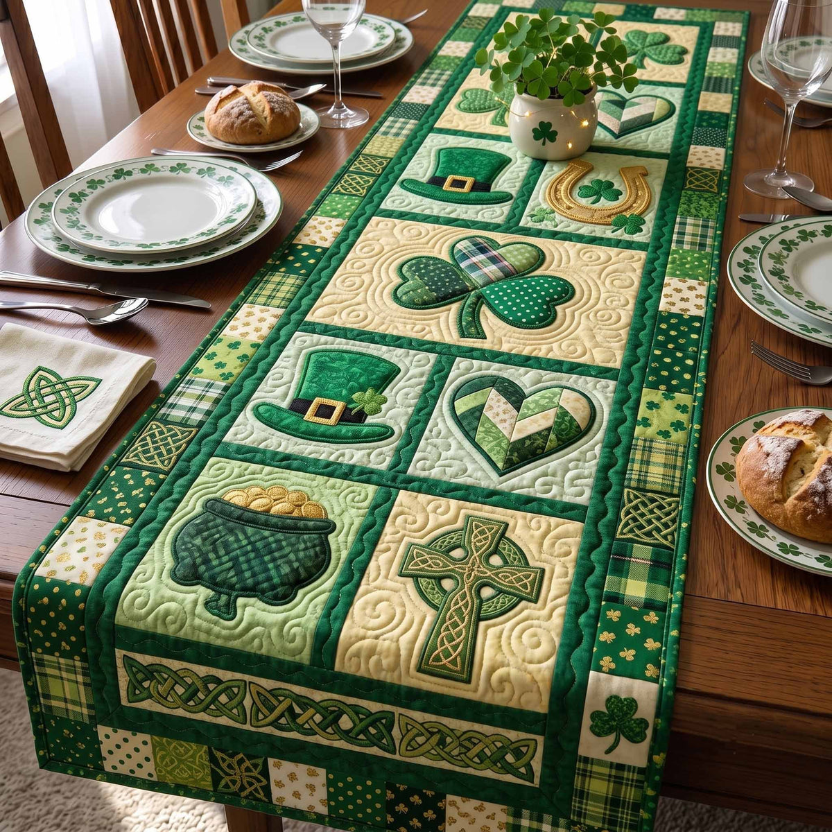 Irish Blessings Leprechaun Hat and Shamrock Blocks Table Runner