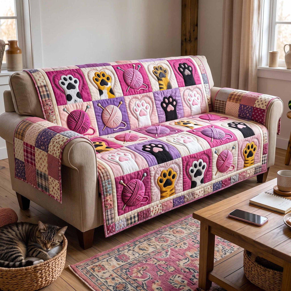 Cat Paws and Yarn Balls on Pink Sofa Cover
