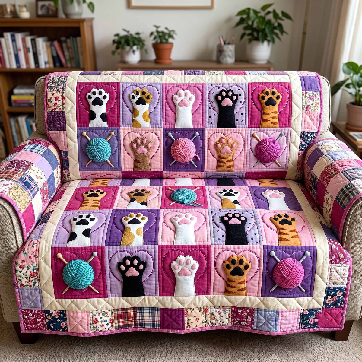 Cat Paws and Yarn on Purple Squares Sofa Cover
