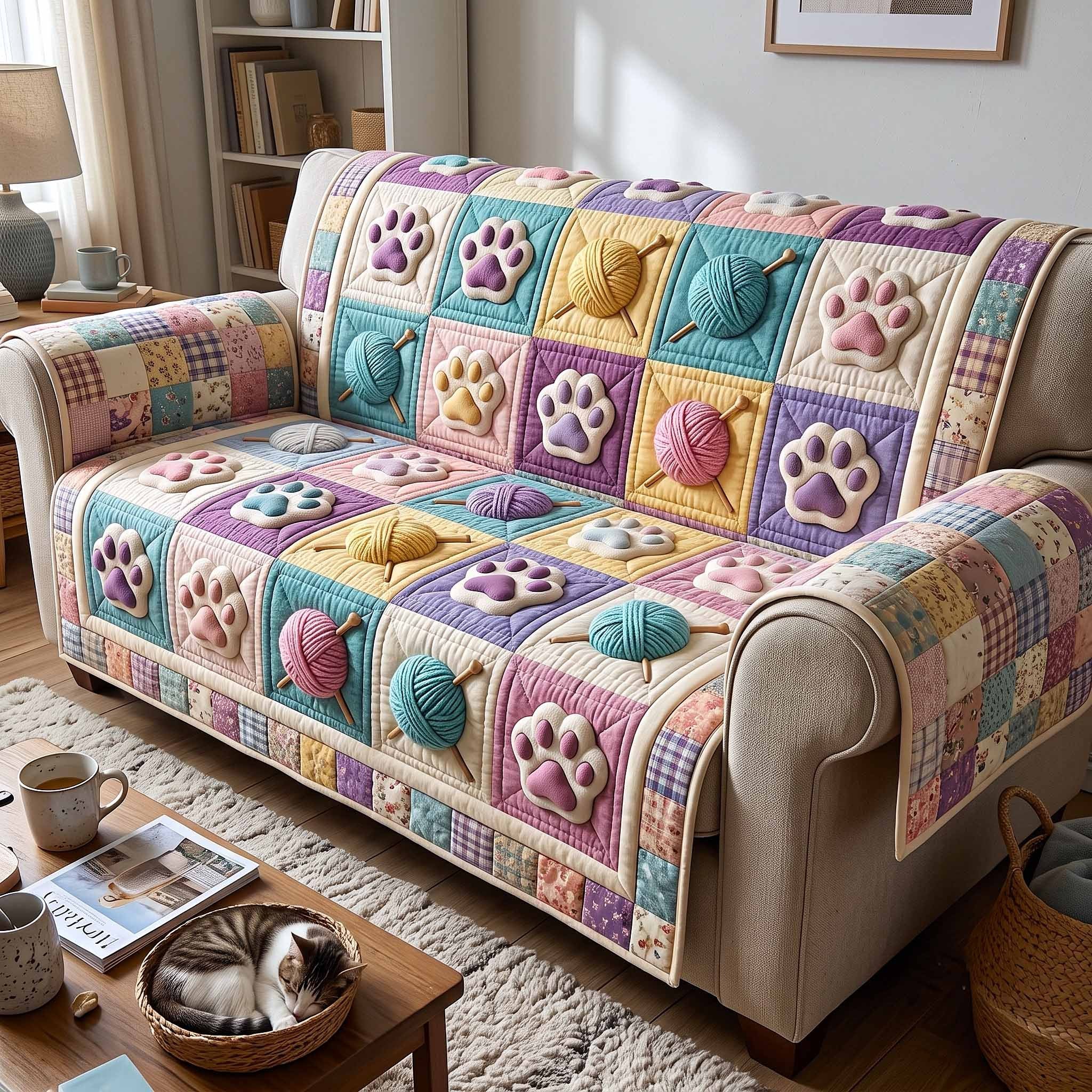 Pastel Paw Prints with Yarn Balls Sofa Cover