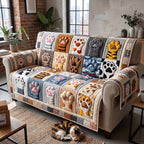 Cat Paws on Grey and Orange Squares Sofa Cover
