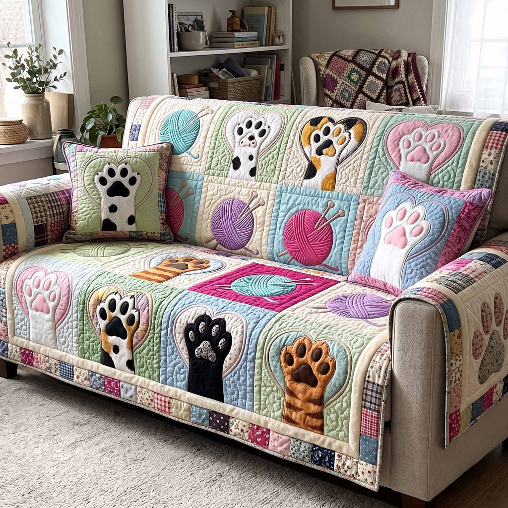 Cat Paws on Mint and Pink Squares Sofa Cover