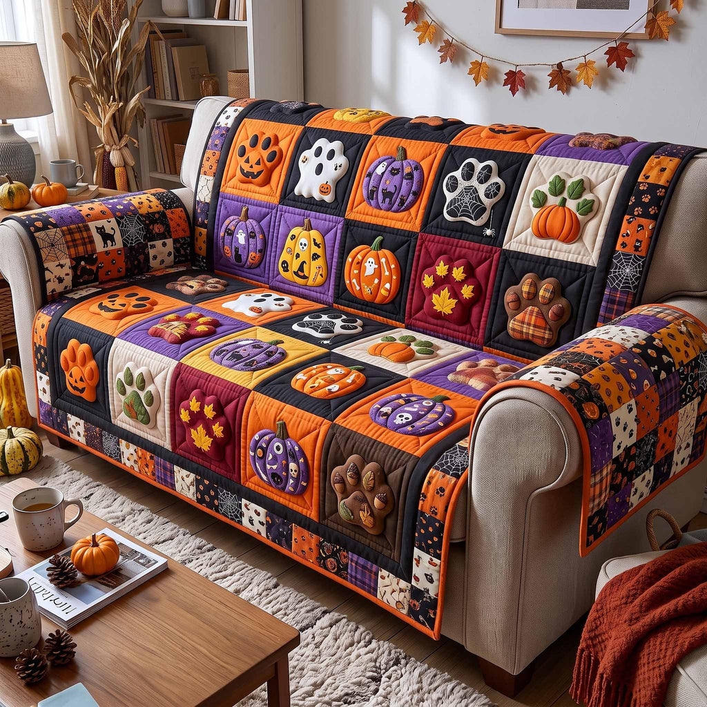 Paw Prints and Pumpkins on Purple Sofa Cover