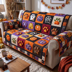 Paw Prints and Pumpkins on Purple Sofa Cover